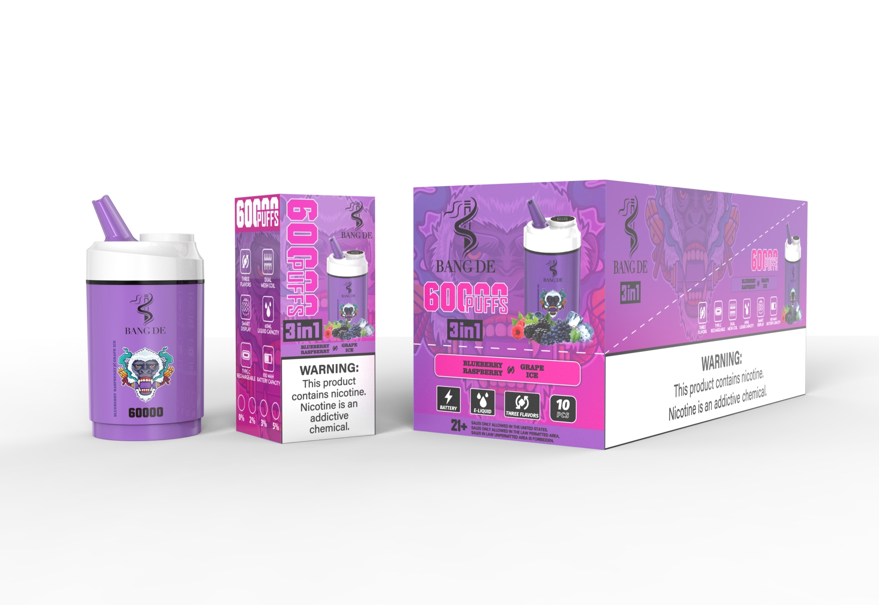 Bang De 60000 Puffs Triple Flavors Vape 30K 40K 45K 50K 60K Puff Disposable Electronic Cigarette