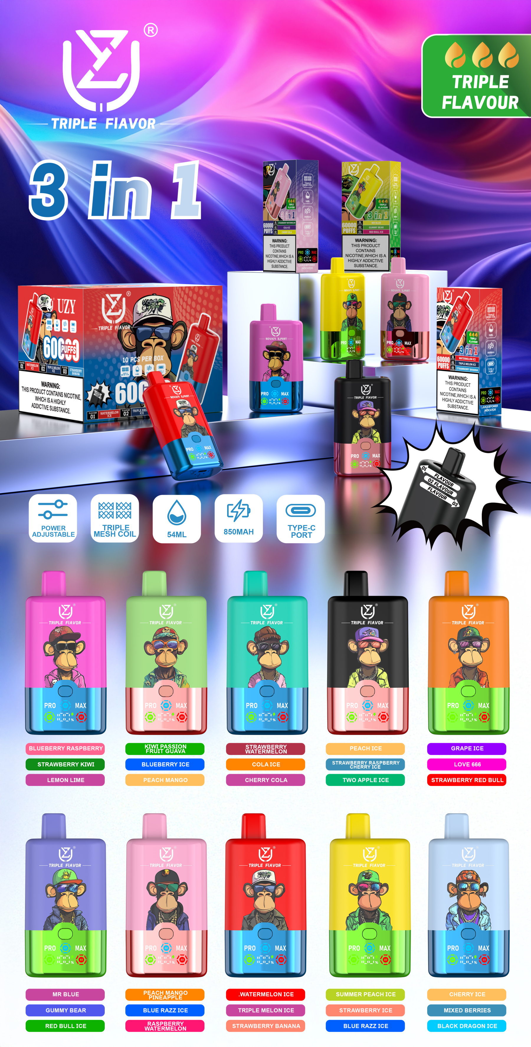 Vape Factory Electronic Cigarette Wholesale I Vape Uzy Triple 60000 Puff Vape 60K Puffs Bar Disposable Vape Pen