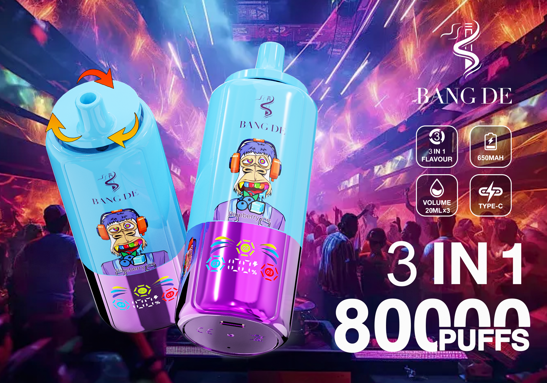 Bang De 80000 Puff Triple 3 in 1 Flavors Rechargeable Disposable Electronic Cigarette Multiple Fruit Flavors Vapor Smoke Vape Crystal Wape Sweet E Puff Tornado