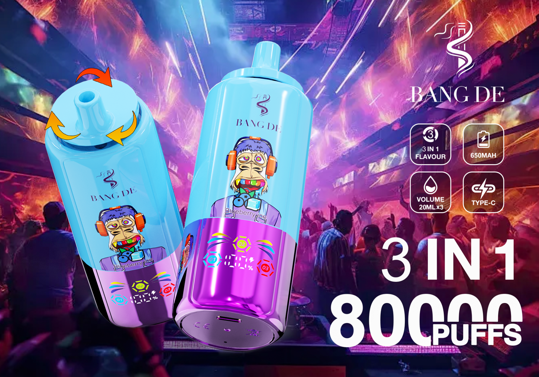 Bang De 80000 Puff Triple 3 in 1 Flavors Rechargeable Disposable Electronic Cigarette Multiple Fruit Flavors Vapor Smoke Vape Crystal Wape Sweet E Puff Tornado