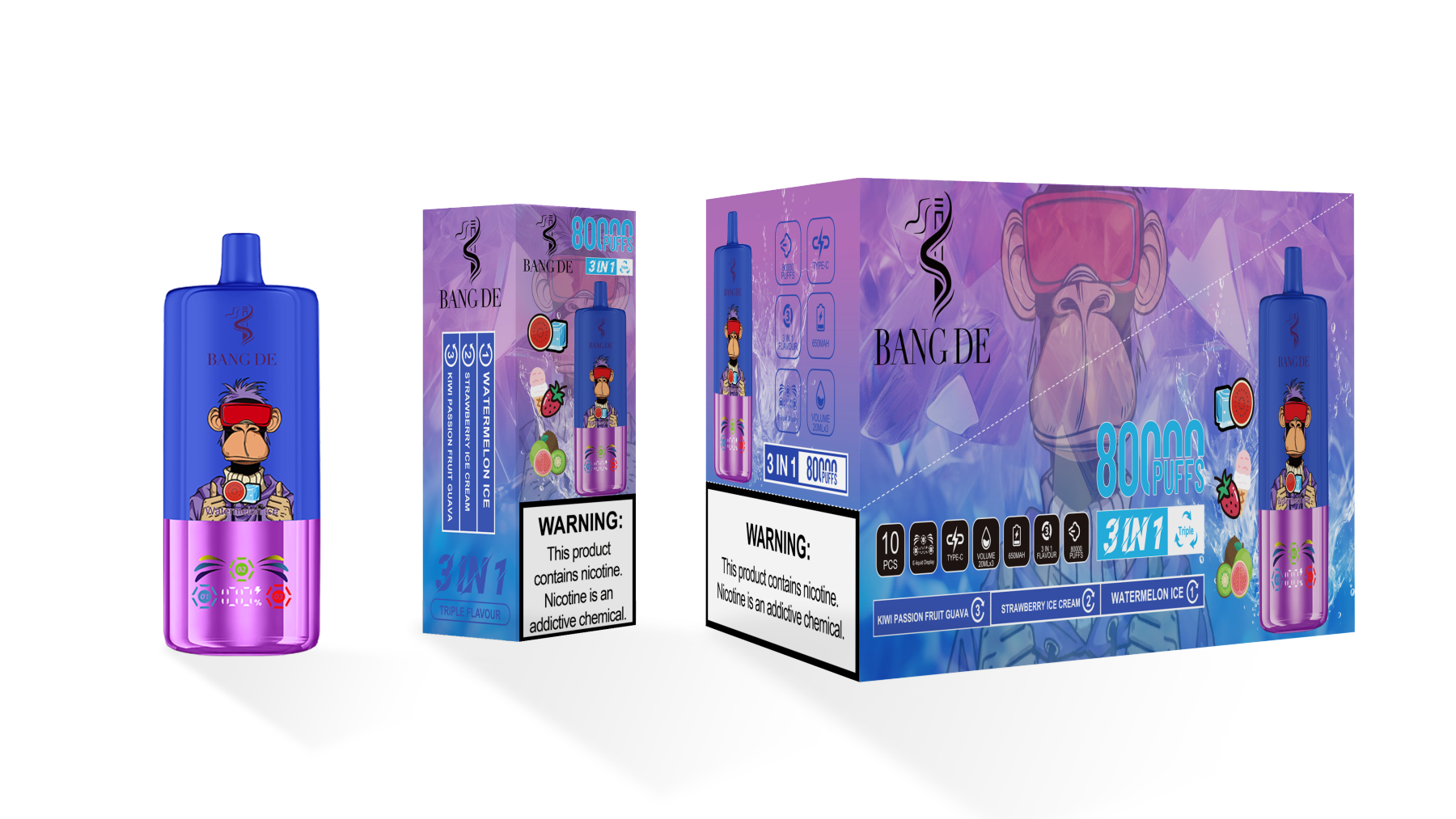 Bang De 80000 Puff Triple 3 in 1 Flavors Rechargeable Disposable Electronic Cigarette Multiple Fruit Flavors Vapor Smoke Vape Crystal Wape Sweet E Puff Tornado