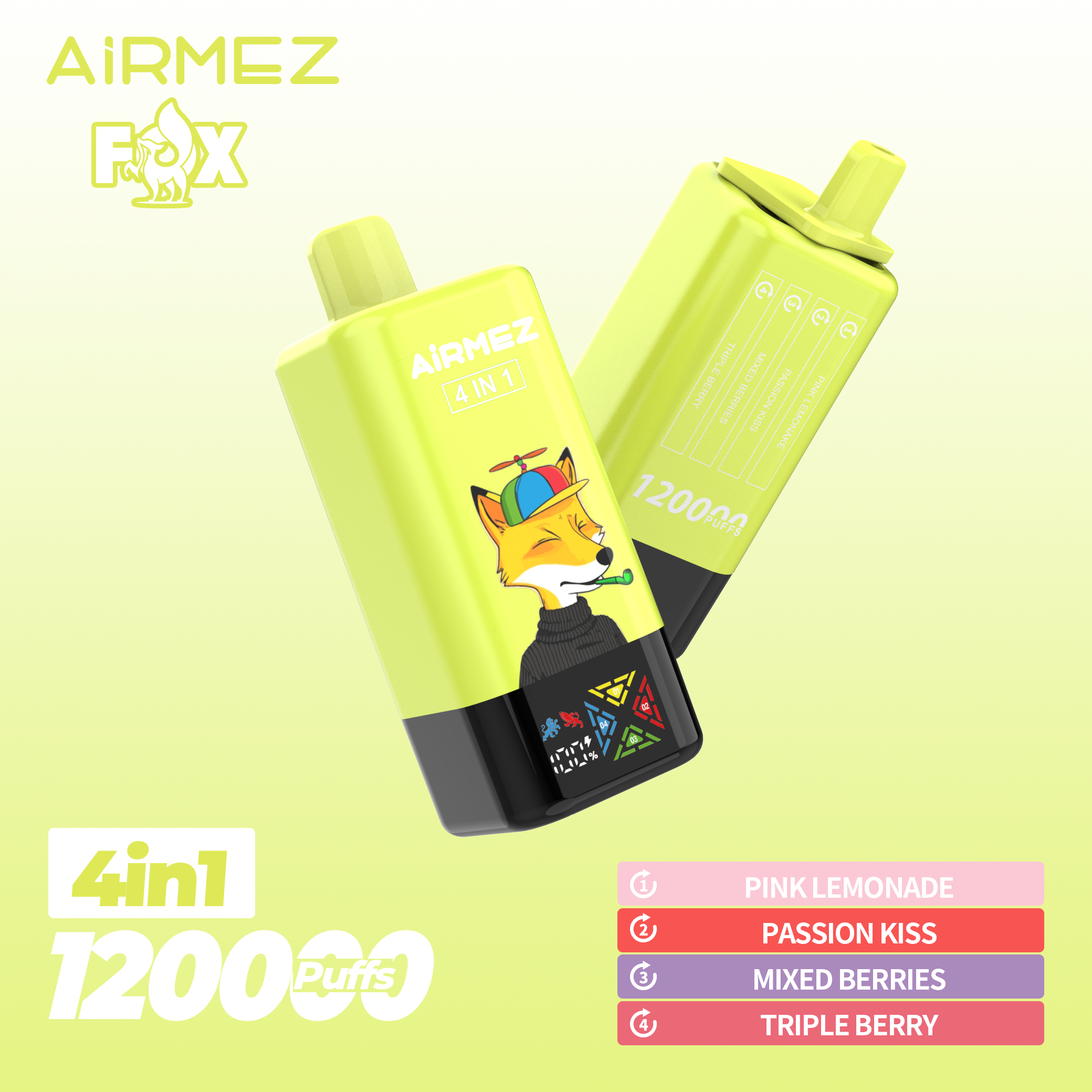 Airmez 120000 Puff 120K Puffs 100000 Puff Triple Flavors 4 In1 Vaper Airmez Fox 120000 Puffs 85K 50K Disposable Vape Big Screen Vape