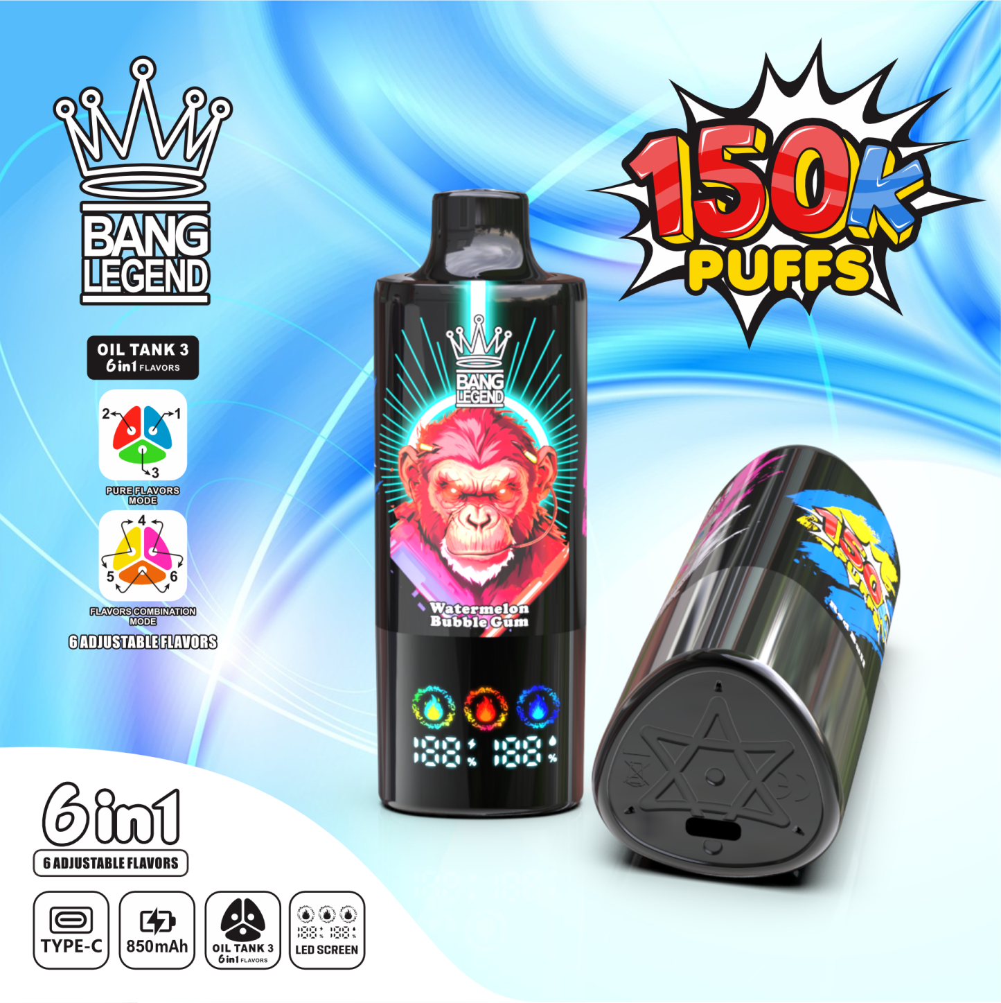 Bang 150000 Puffs Disposable Vape Pen 850mAh High-Capacity Battery 3 Oil Tanks 6 Flavors Dual Modes Spain Factory Direct Seeking Agents