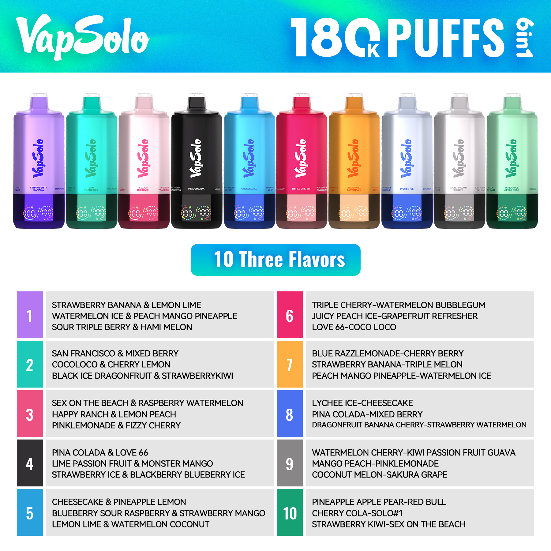 EU Germany Spain warehouse Vapsolo Sixer 180k puffs 6in1 Disposable Vape pen Wholesale Electronic Cigarette Vaper