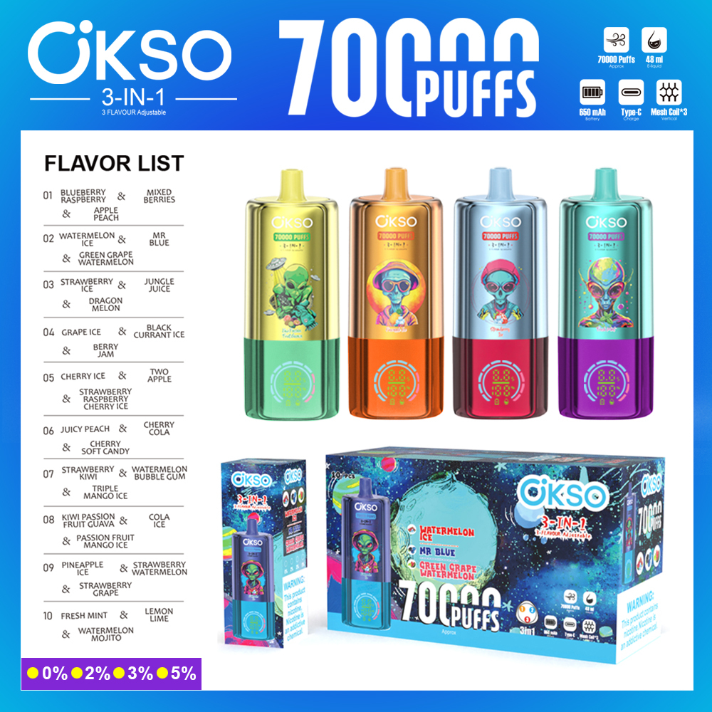 Okso 3in1 70K Puffs Disposable Vape 3in1 Flavors Vaper 70000 Puffs Disposable Vape Rechargeable Battery Electric Cigarette 70K Puff Vape Puffs