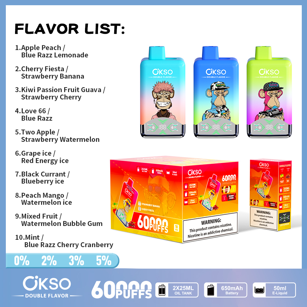  Okso 60000puffs Double Flavor 2 in 1 Disposable Vape Pen 60K Puffs Wholesale E Cigarette Vape Factory 60000puffs