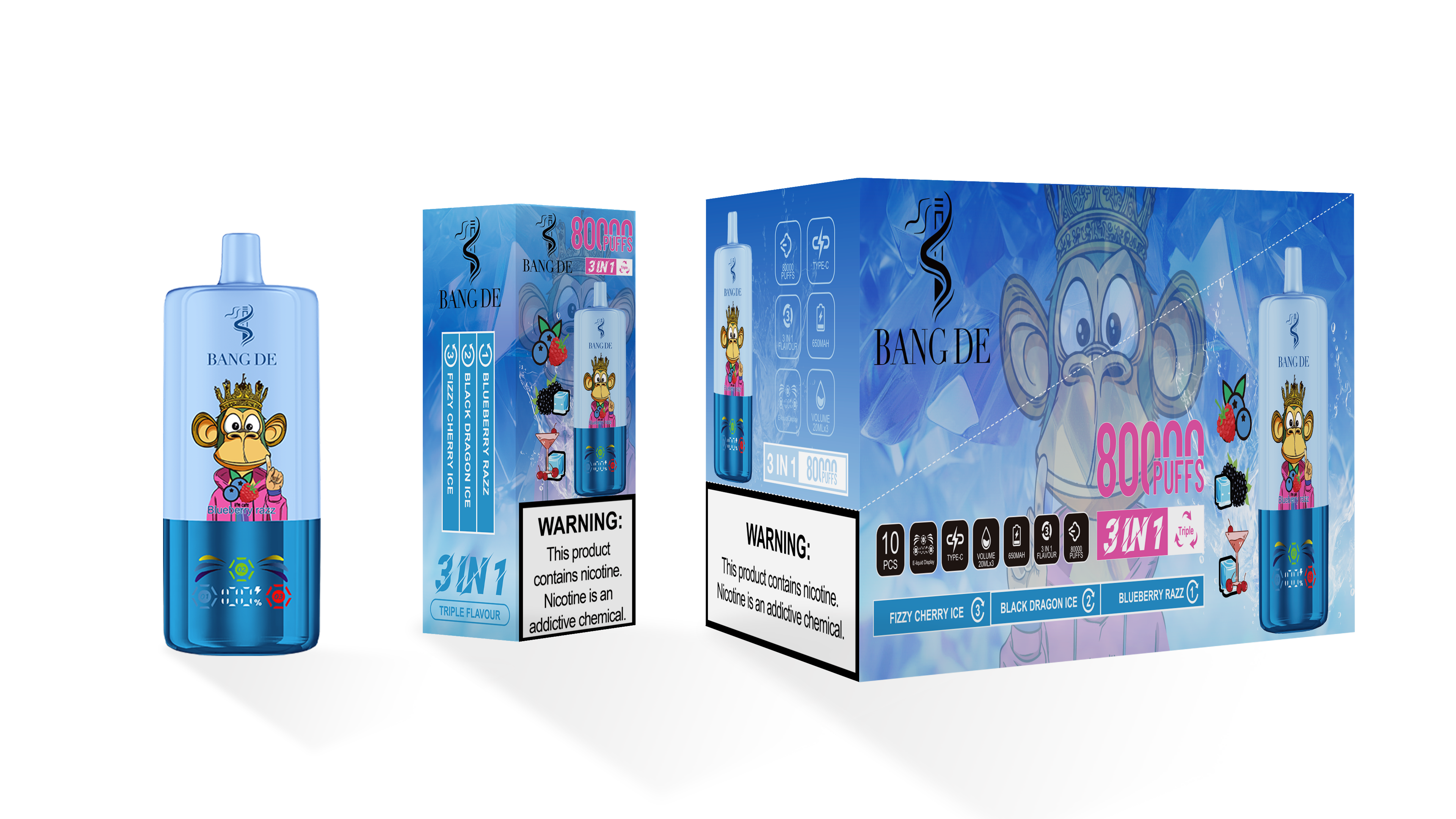 Bang De 80000 Puff Triple 3 in 1 Flavors Rechargeable Disposable Electronic Cigarette Multiple Fruit Flavors Vapor Smoke Vape Crystal Wape Sweet E Puff Tornado