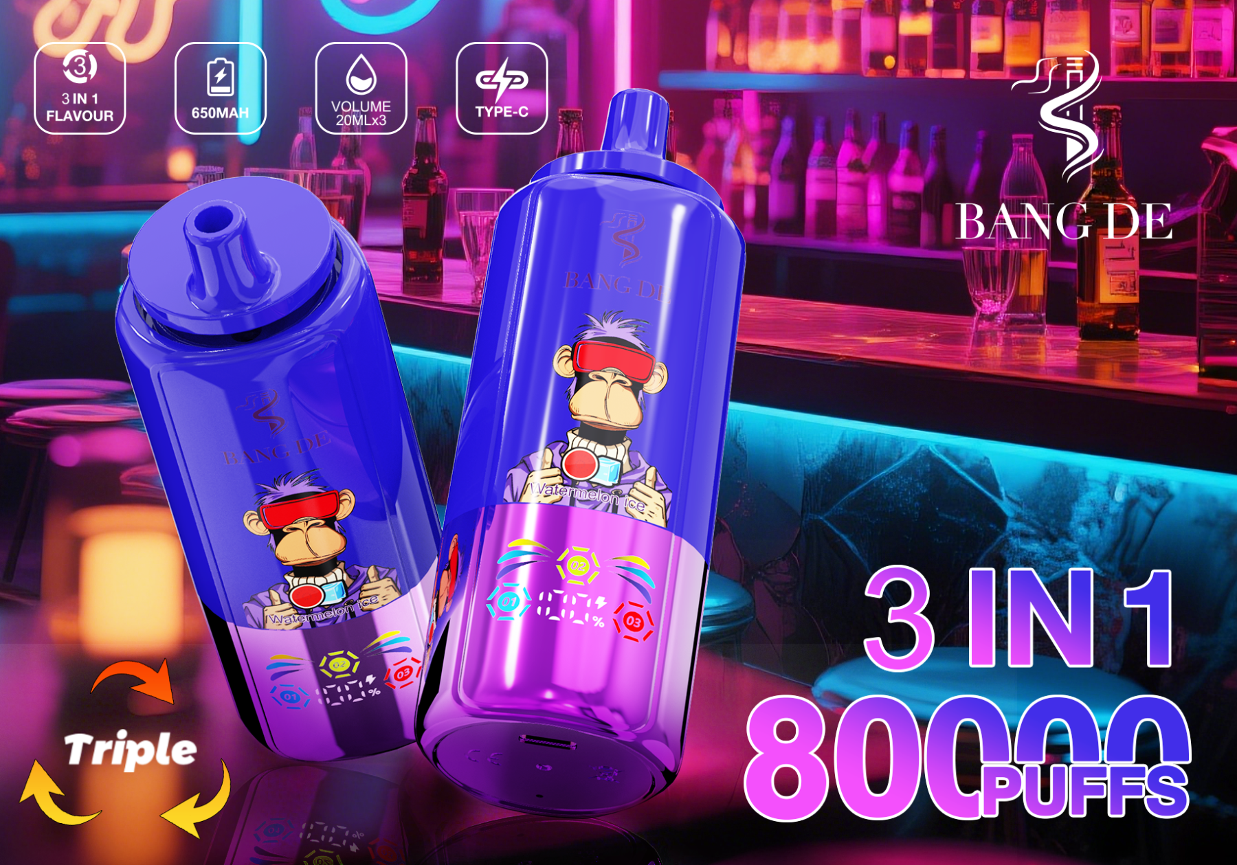 Bang De 80000 Puff Triple 3 in 1 Flavors Rechargeable Disposable Electronic Cigarette Multiple Fruit Flavors Vapor Smoke Vape Crystal Wape Sweet E Puff Tornado