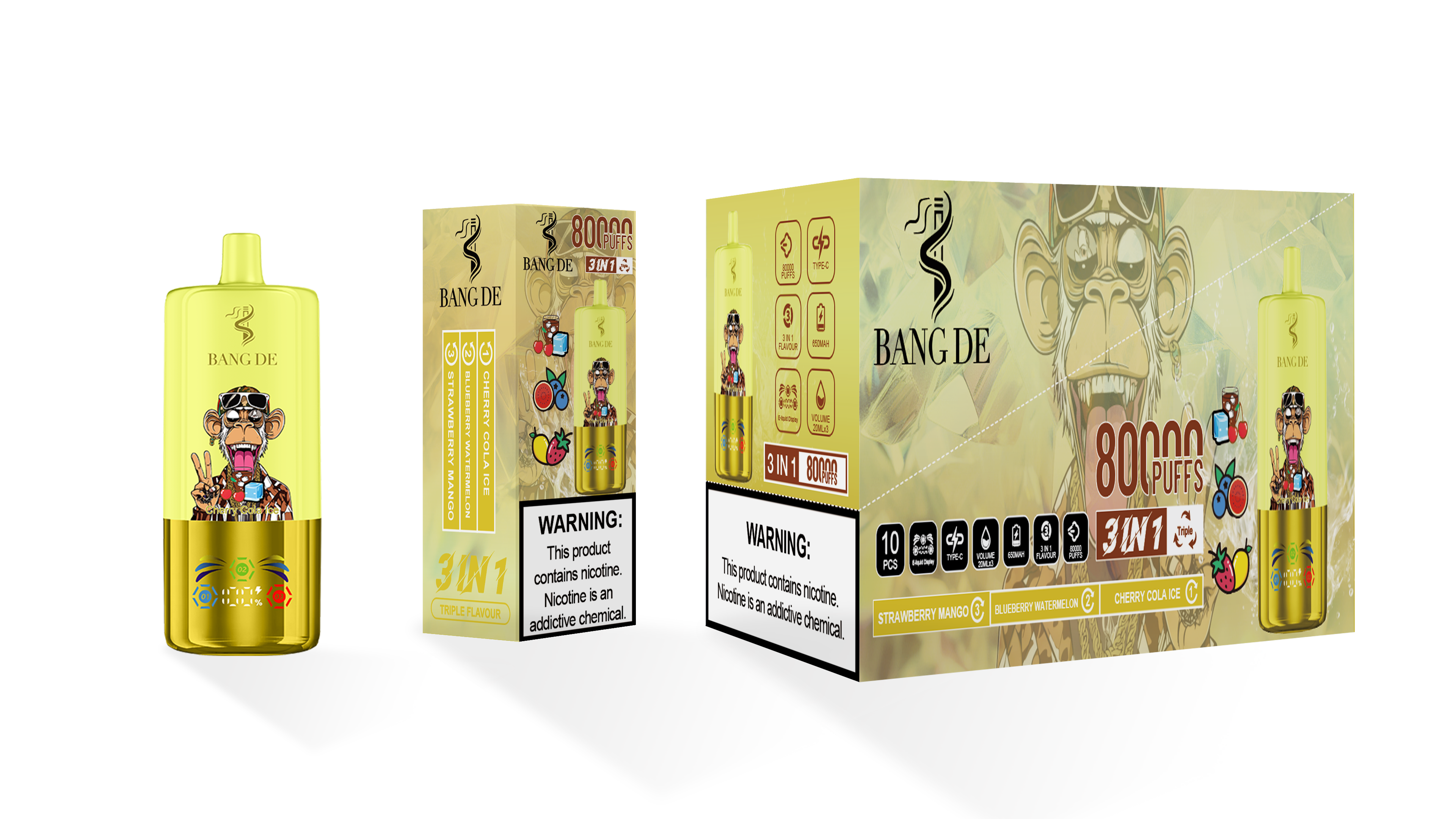 Bang De 80000 Puff Triple 3 in 1 Flavors Rechargeable Disposable Electronic Cigarette Multiple Fruit Flavors Vapor Smoke Vape Crystal Wape Sweet E Puff Tornado