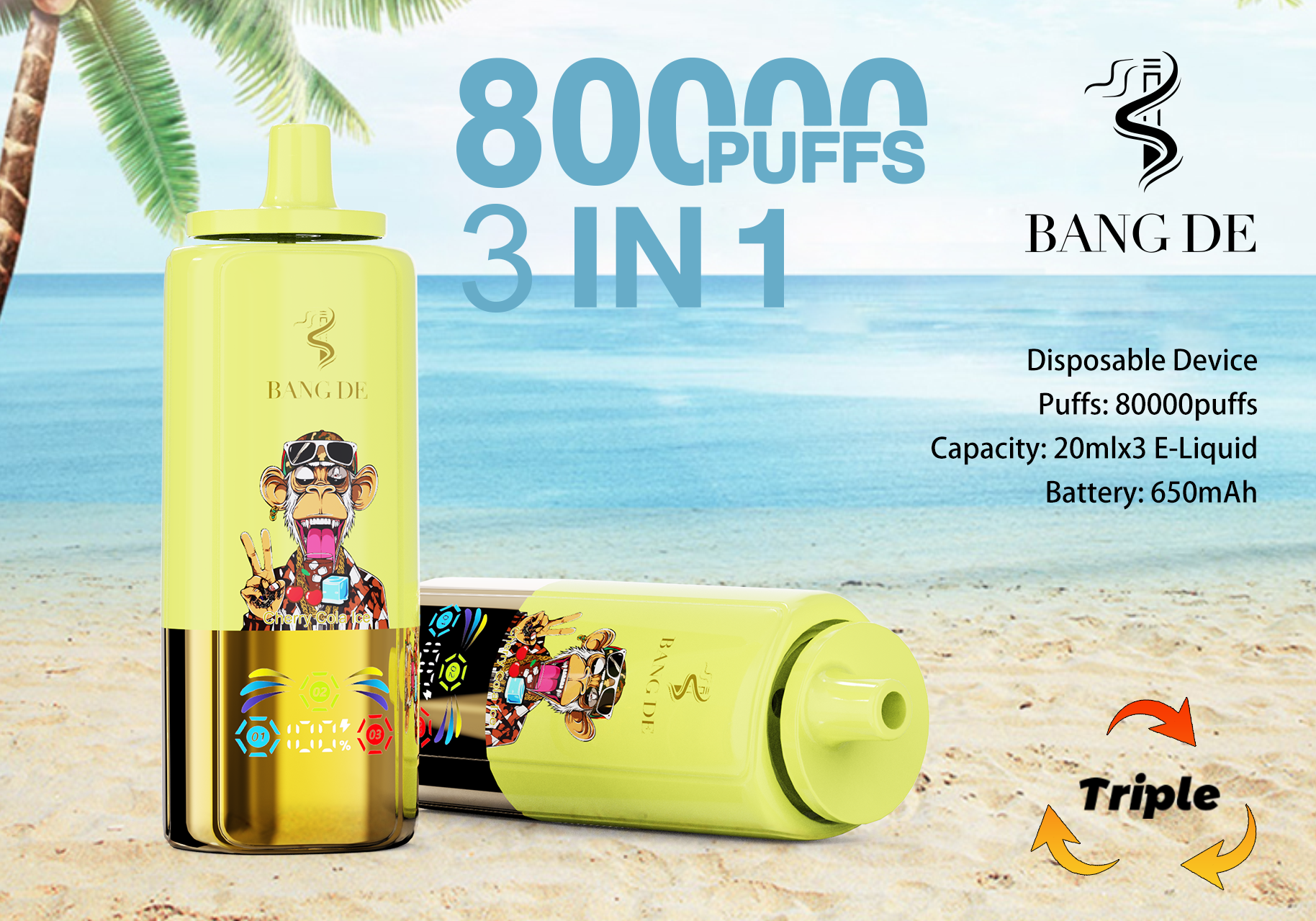 Bang De 80000 Puff Triple 3 in 1 Flavors Rechargeable Disposable Electronic Cigarette Multiple Fruit Flavors Vapor Smoke Vape Crystal Wape Sweet E Puff Tornado