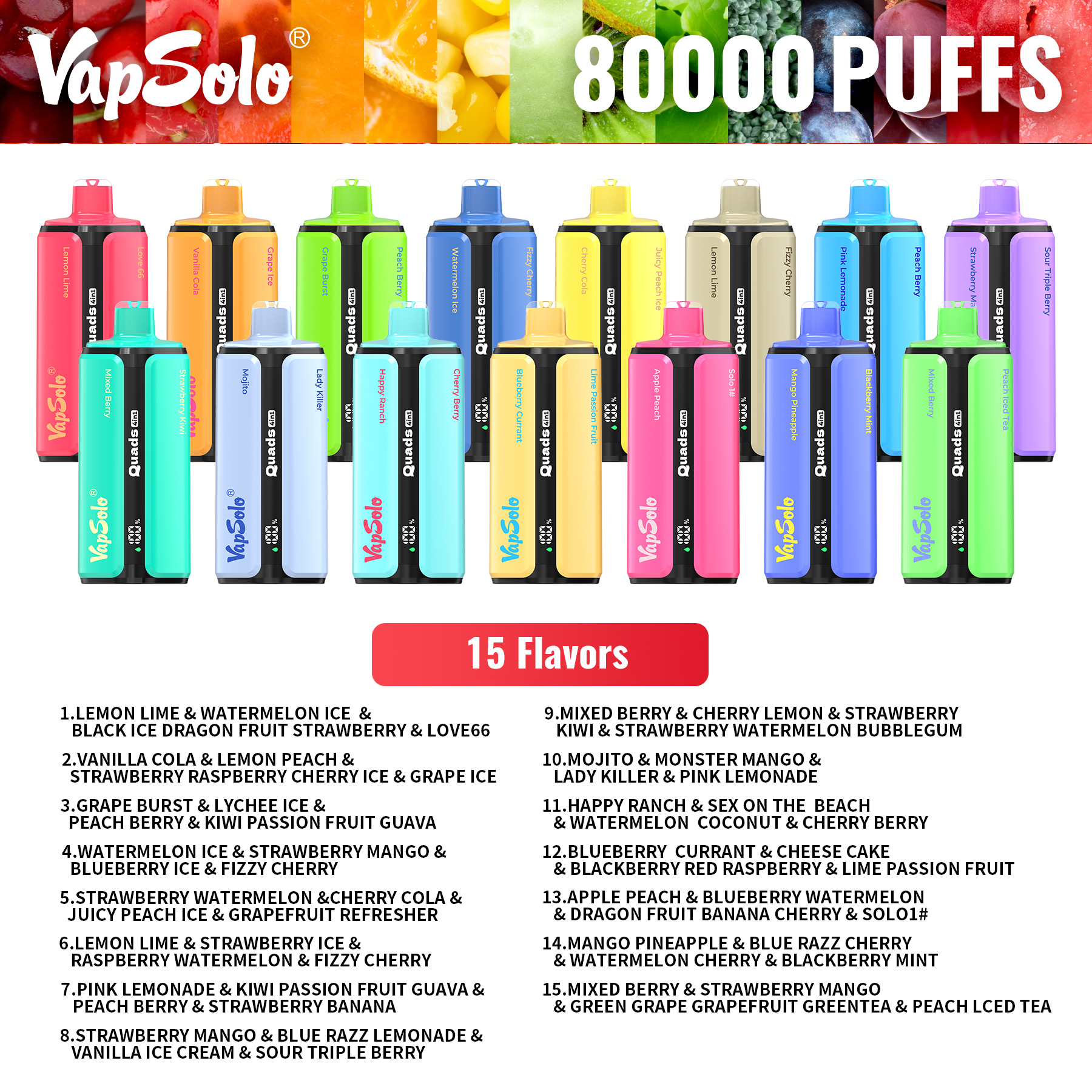 EU Germany Spain warehouse Vapsolo quads 4in1 80k puffs Disposable Vape pen Wholesale Electronic Cigarette Vaper