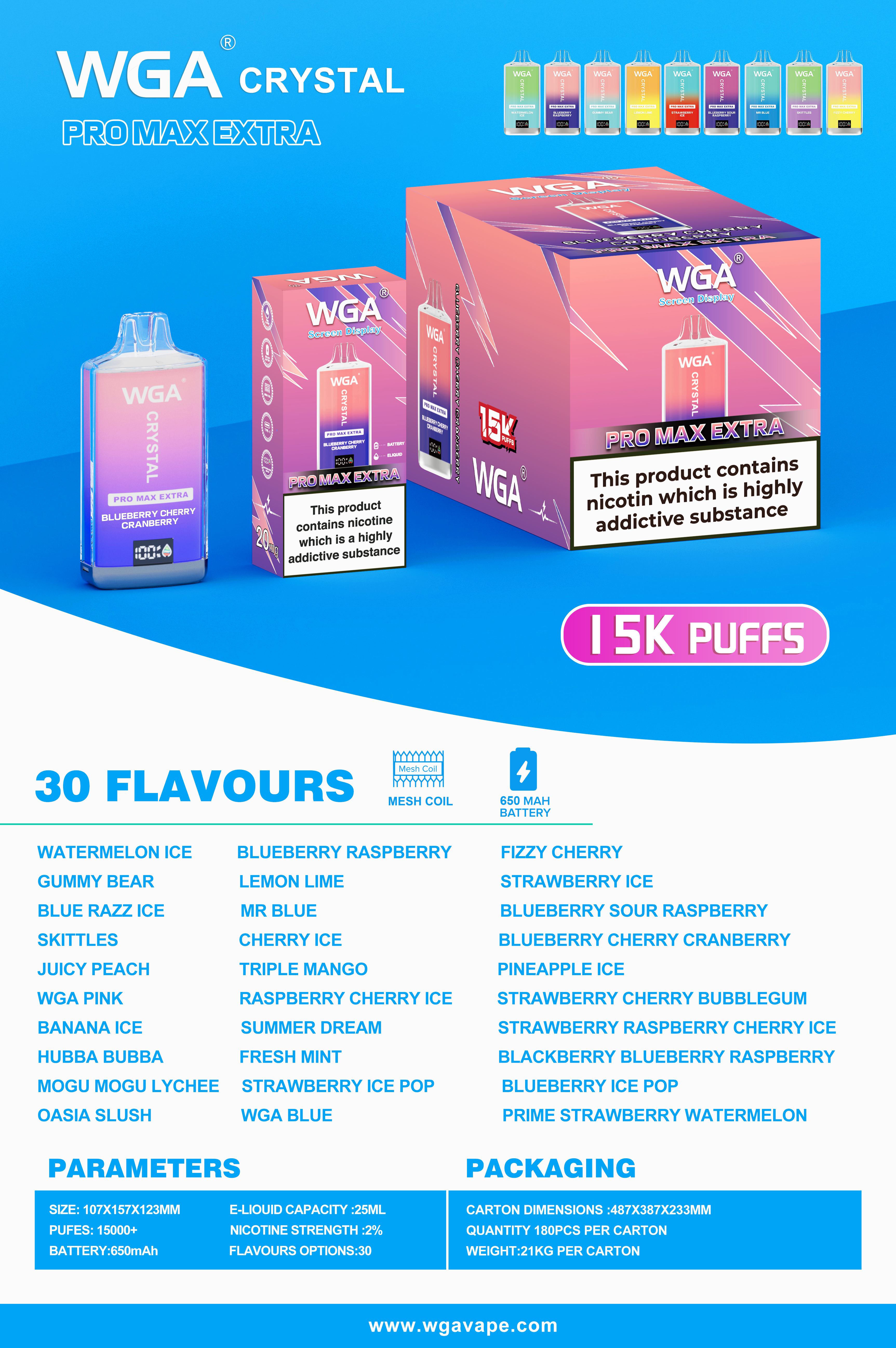 Wga Crystal 15K Shisha 15000 Puffs Disposable Cigarette Vaper Pen EU Warehouse Mesh Coil