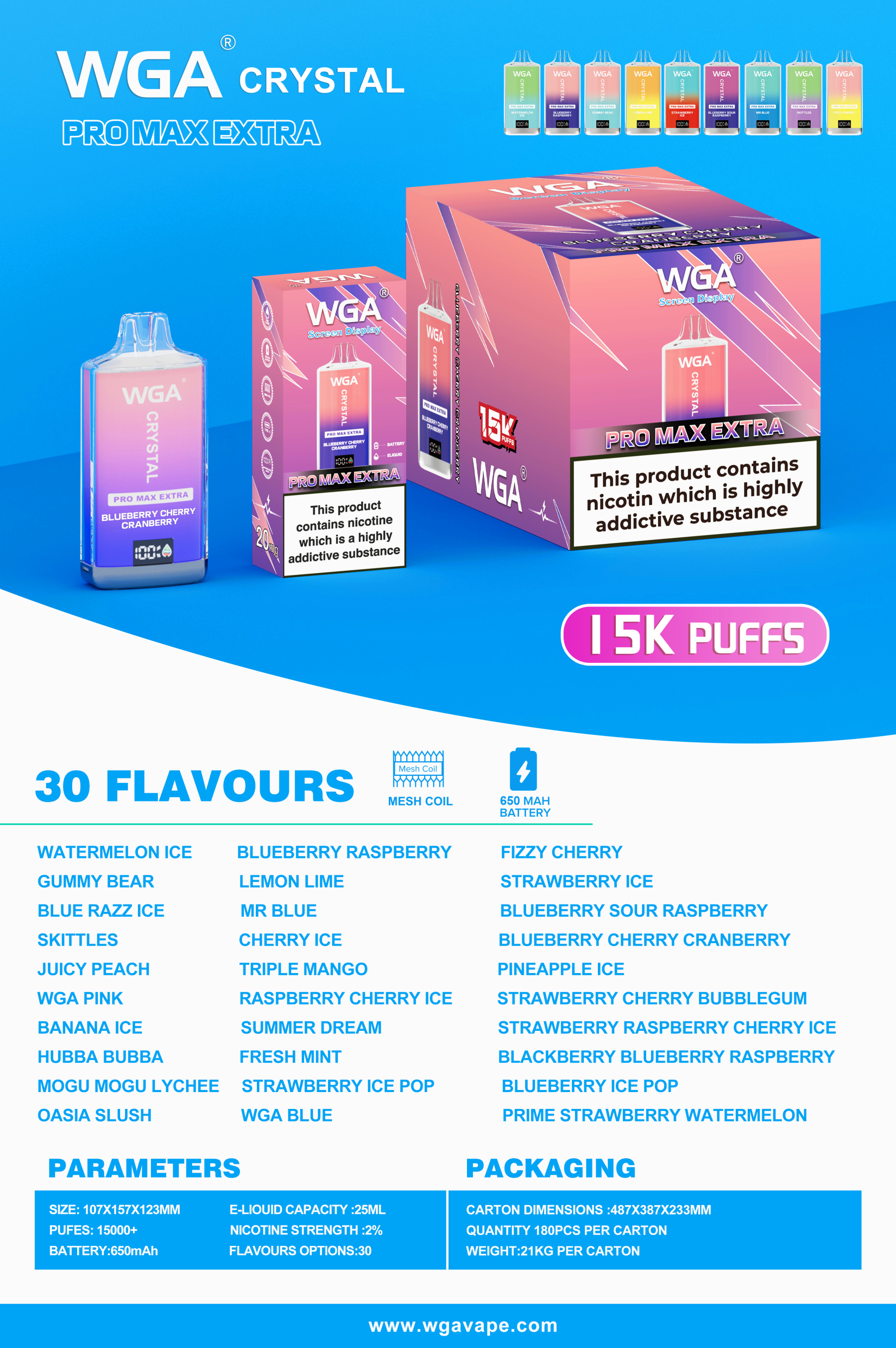 Wga Crystal 15K Shisha 15000 Puffs Disposable Cigarette Vaper Pen EU Warehouse Mesh Coil