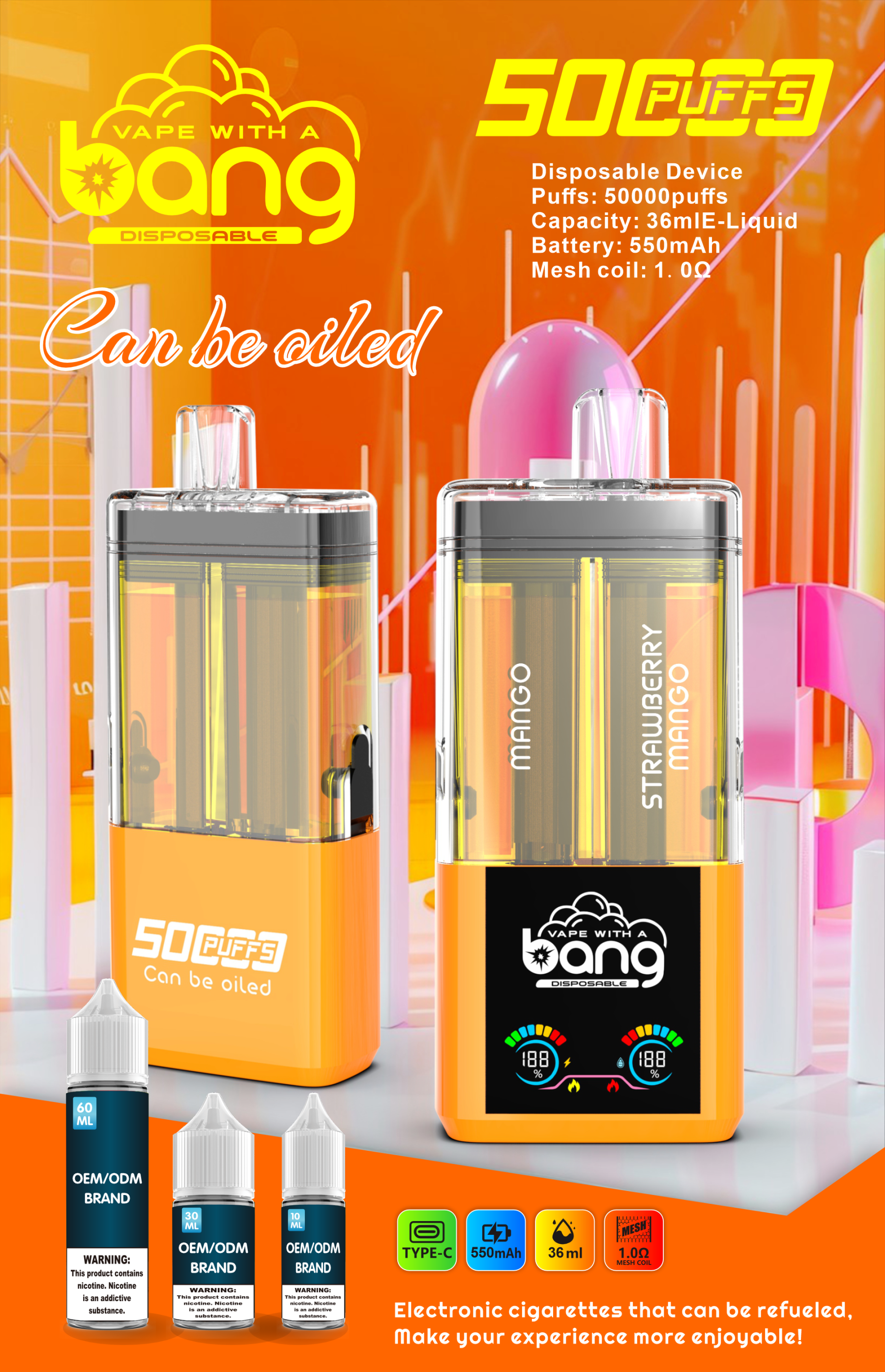  Bang 50000 Puff Vape 50K Disposable E-Cigarette E Hookah Charger Can Be Oiled Pocket Hookah