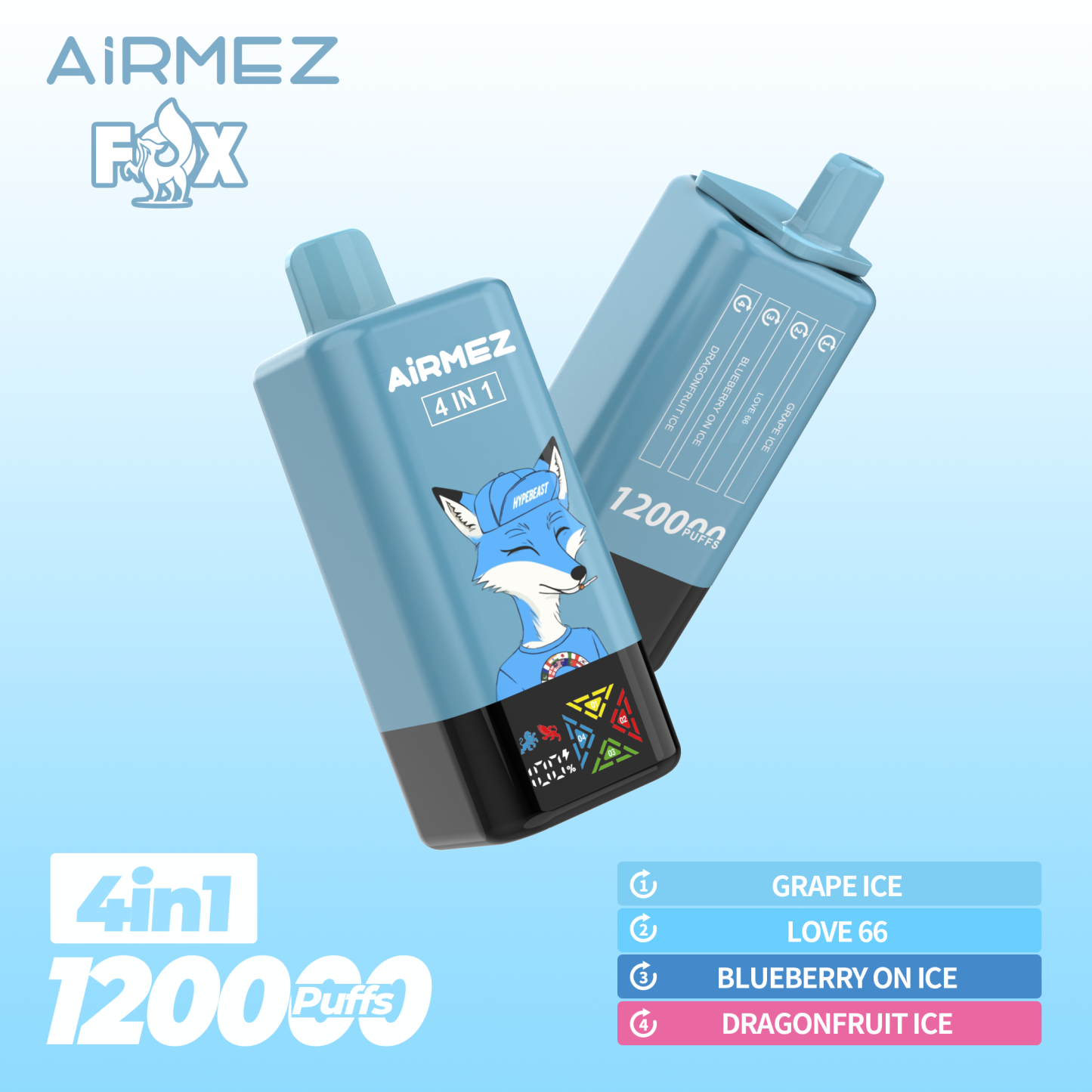 Airmez 120000 Puff 120K Puffs 100000 Puff Triple Flavors 4 In1 Vaper Airmez Fox 120000 Puffs 85K 50K Disposable Vape Big Screen Vape
