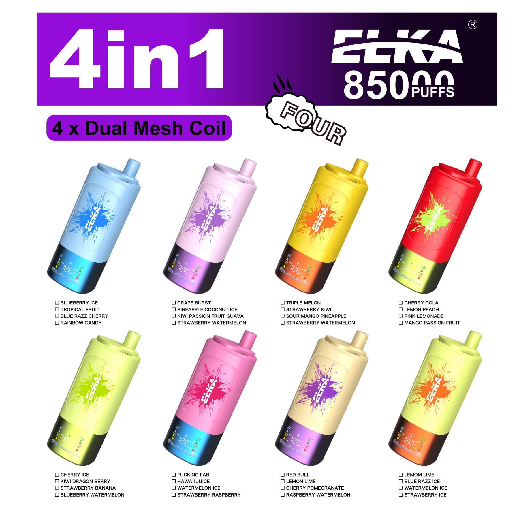 Elka 4in1 85000 Puffs EU Warehouse Puff Vaper 85K Vaping Electronic 4in 1 4 Flavor Rechargeable E Vapor Disposable Vape Factory Wholesaler I Vape