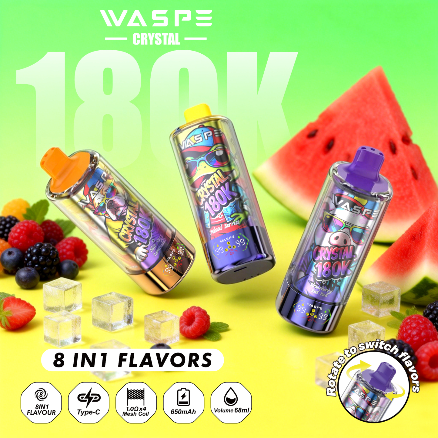 Wholesale I Vape Waspe Crystal 180000 150000 100000 60000 Puffs 8in1 Vaper Triple Flavors LED Display Disposable E-Cigarette 40K 60K 100K 150K 180K Puff