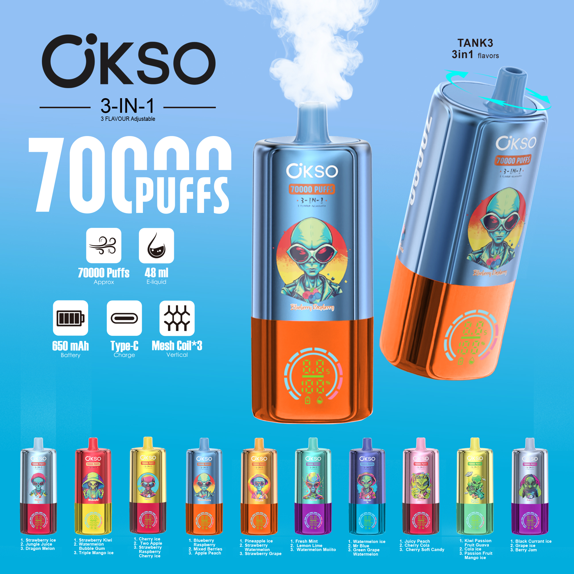 Okso 3in1 70K Puffs Disposable Vape 3in1 Flavors Vaper 70000 Puffs Disposable Vape Rechargeable Battery Electric Cigarette 70K Puff Vape Puffs
