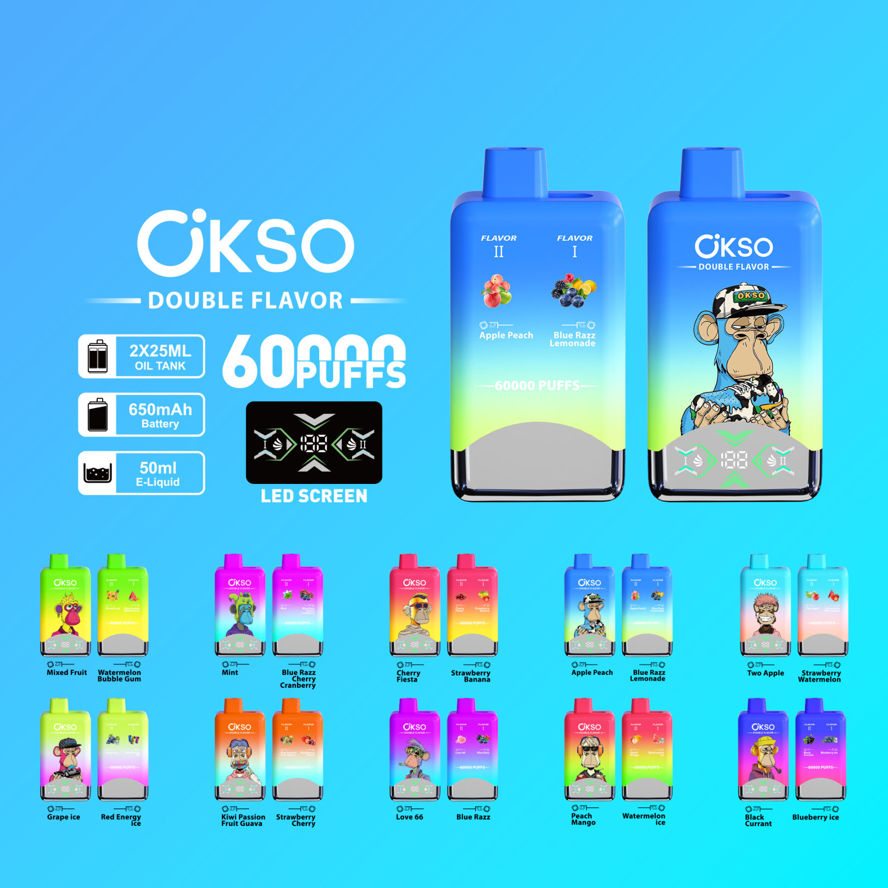  Okso 60000puffs Double Flavor 2 in 1 Disposable Vape Pen 60K Puffs Wholesale E Cigarette Vape Factory 60000puffs