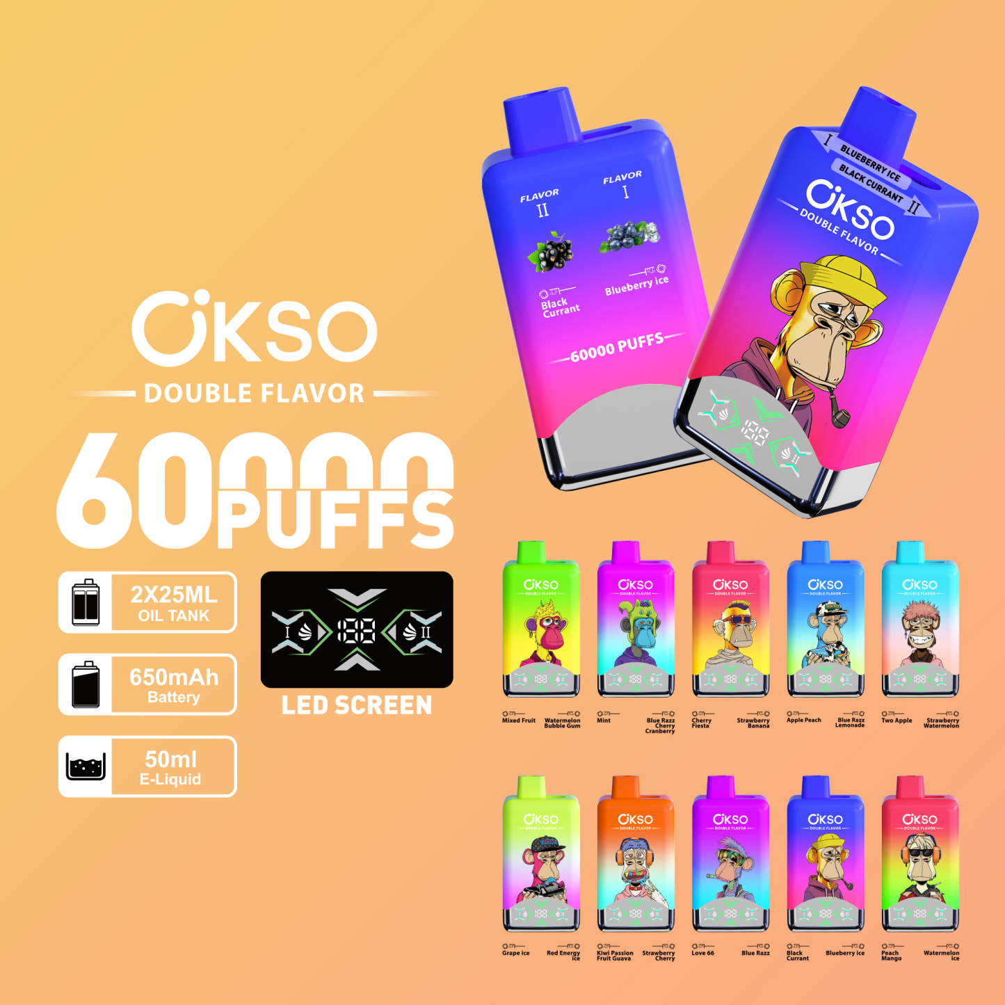  Okso 60000puffs Double Flavor 2 in 1 Disposable Vape Pen 60K Puffs Wholesale E Cigarette Vape Factory 60000puffs