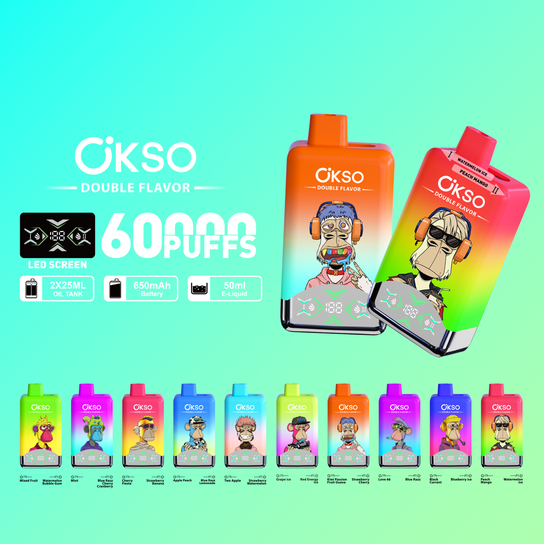  Okso 60000puffs Double Flavor 2 in 1 Disposable Vape Pen 60K Puffs Wholesale E Cigarette Vape Factory 60000puffs