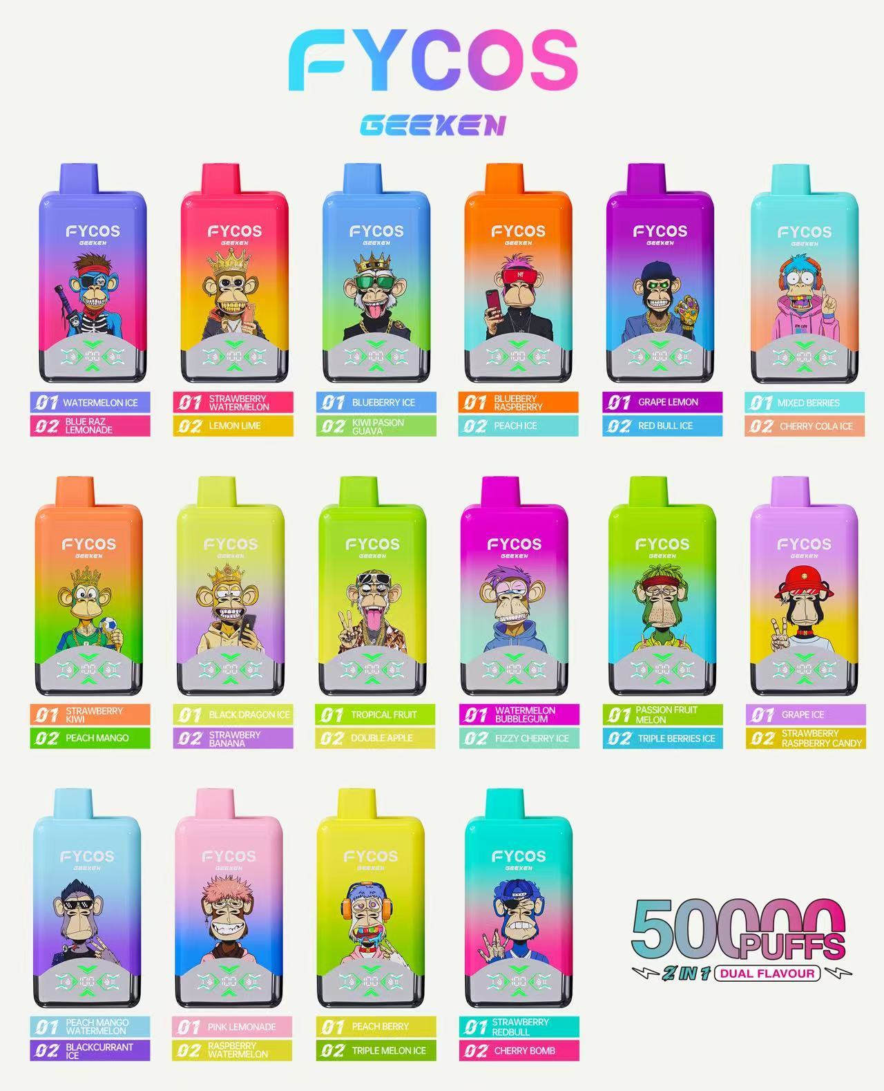 Original Factory Price High Quality Vape Fycos Dual Flavors 50000 Puffs The Best Flavors Double Flavors Vapes 2% 5%