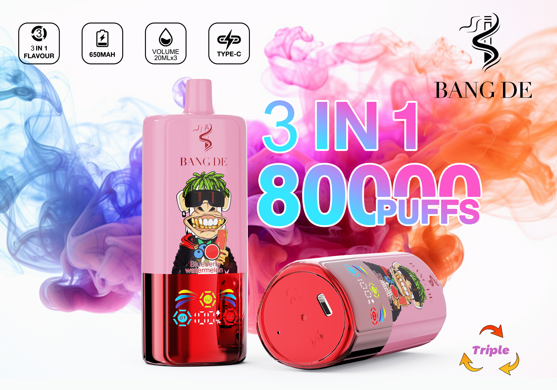  Bang DE 80000 Puffs Triple Flavors Vape Pen 80K 75K 60K 50K Pocket Hookah Factory Price Disposable Electronic Cigarette