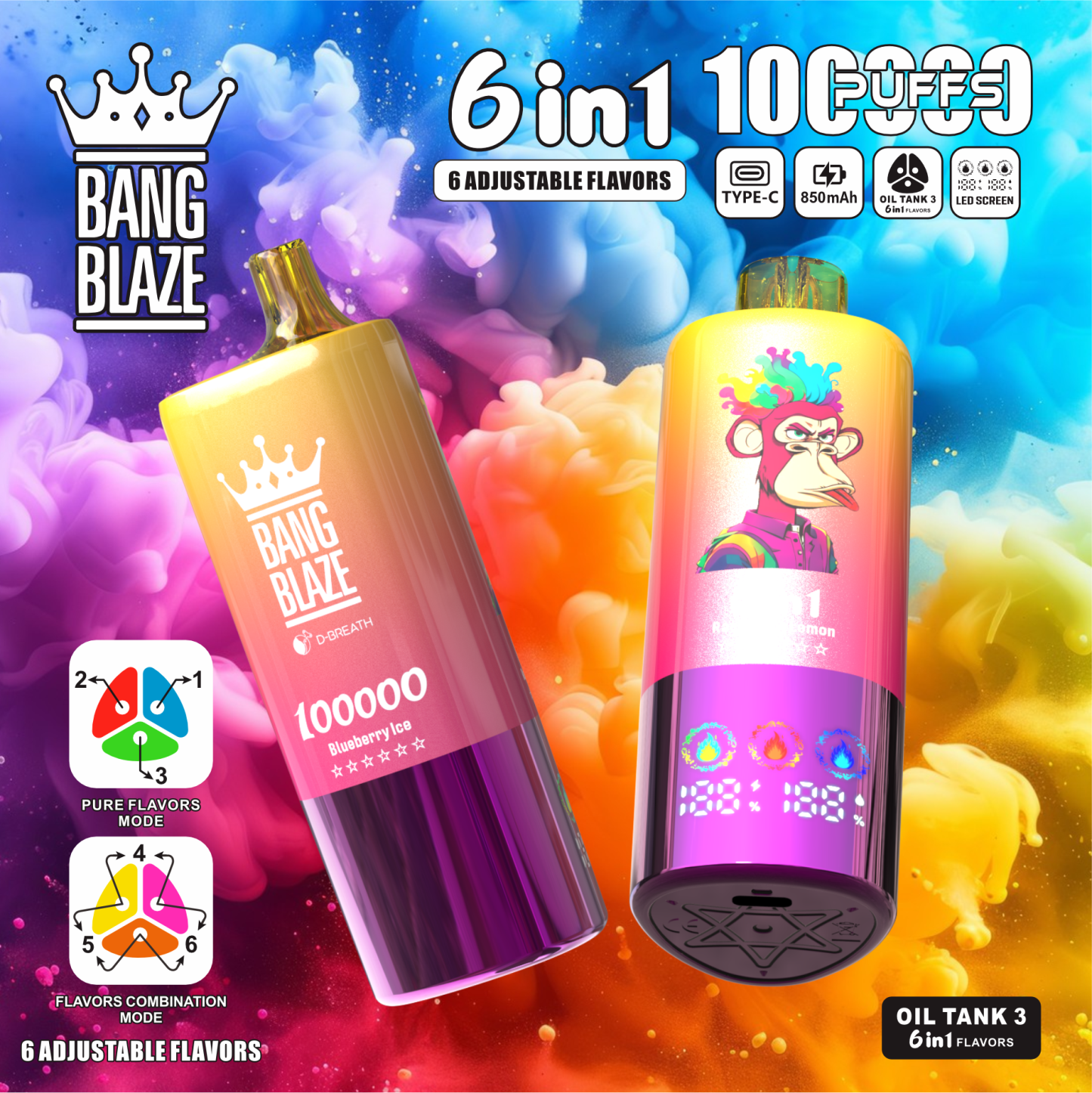 Bangblaze 100K Puffs Vaper Crown Bar 10000 Puff Disposable Electronic Cigarette Vape 100K Puff Rechargeable Disposable Vape Eectronic Gadget 