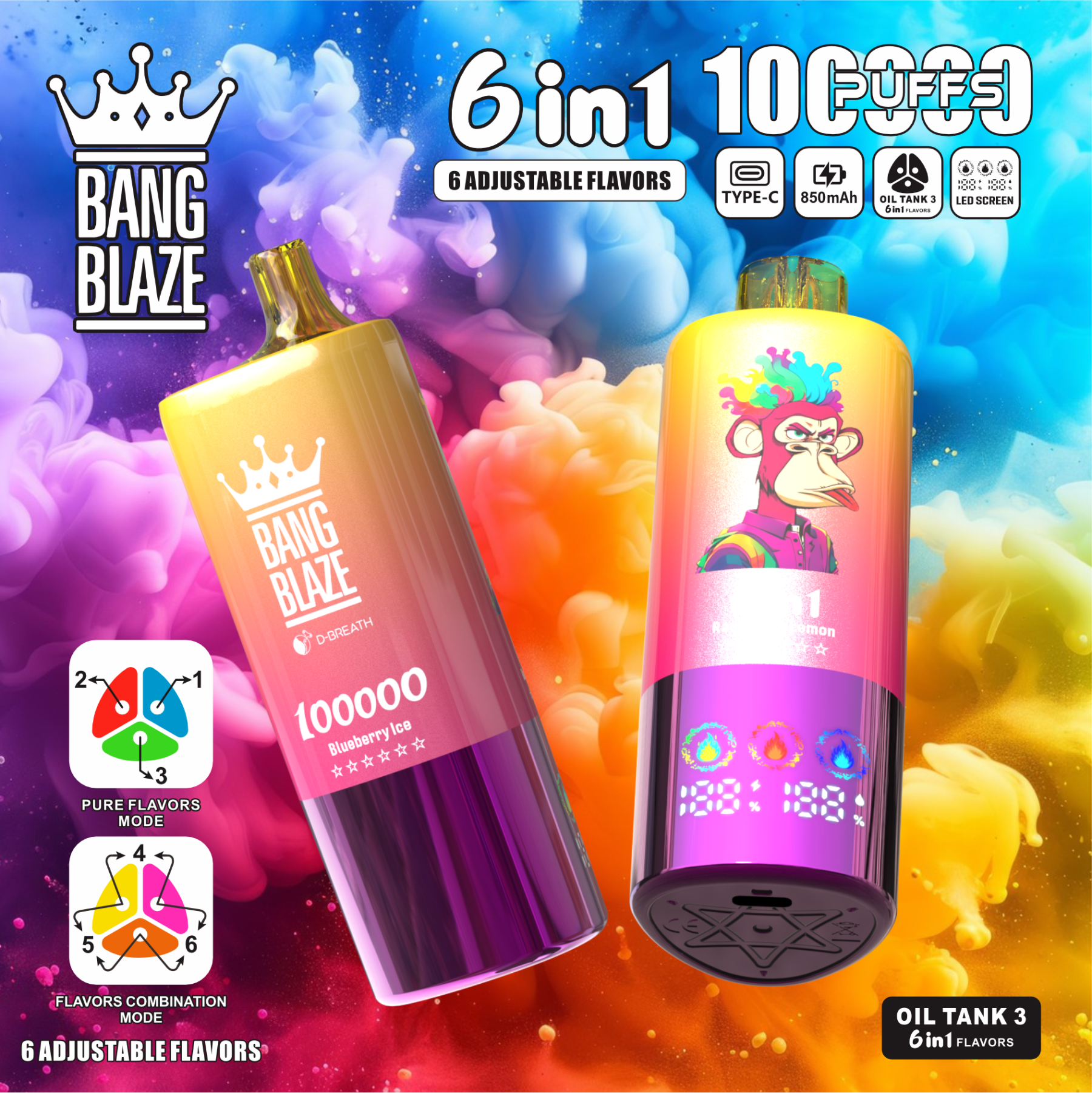 Bangblaze 100K Puffs Vaper Crown Bar 10000 Puff Disposable Electronic Cigarette Vape 100K Puff Rechargeable Disposable Vape Eectronic Gadget 