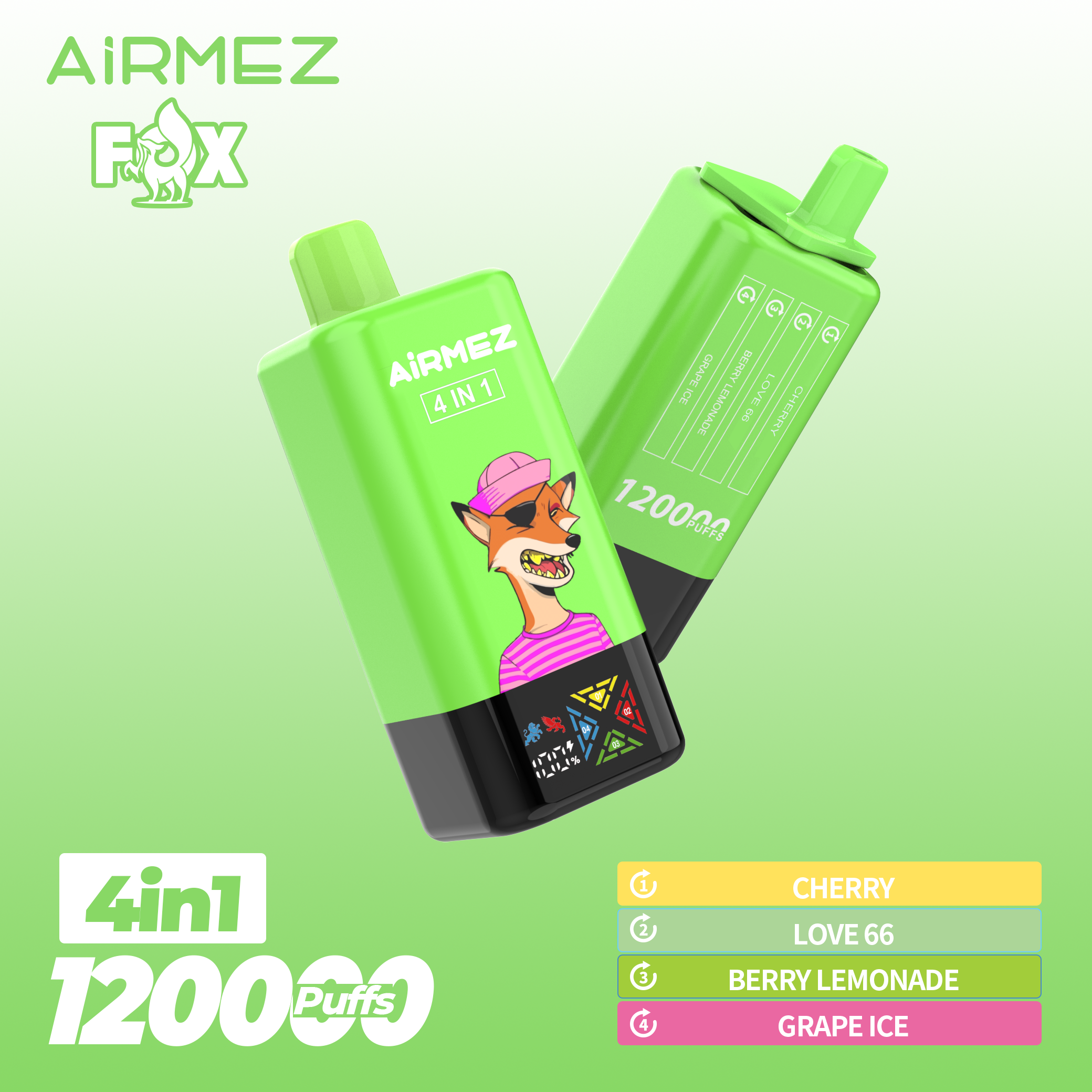 Airmez 120000 Puff 120K Puffs 100000 Puff Triple Flavors 4 In1 Vaper Airmez Fox 120000 Puffs 85K 50K Disposable Vape Big Screen Vape