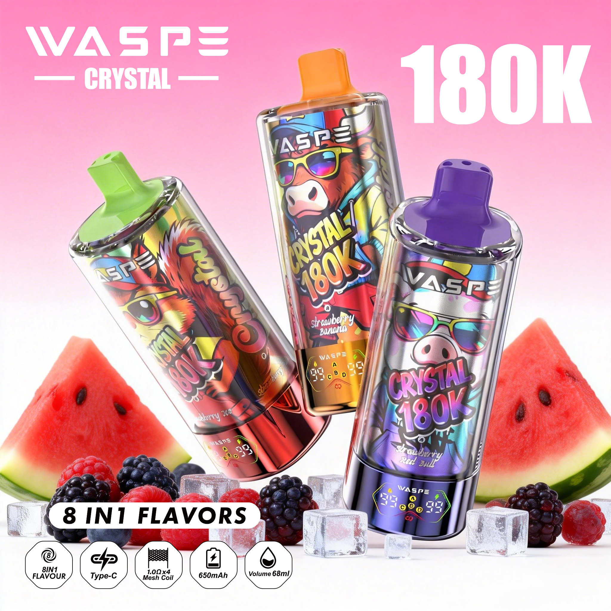 Wholesale I Vape Waspe Crystal 180000 150000 100000 60000 Puffs 8in1 Vaper Triple Flavors LED Display Disposable E-Cigarette 40K 60K 100K 150K 180K Puff