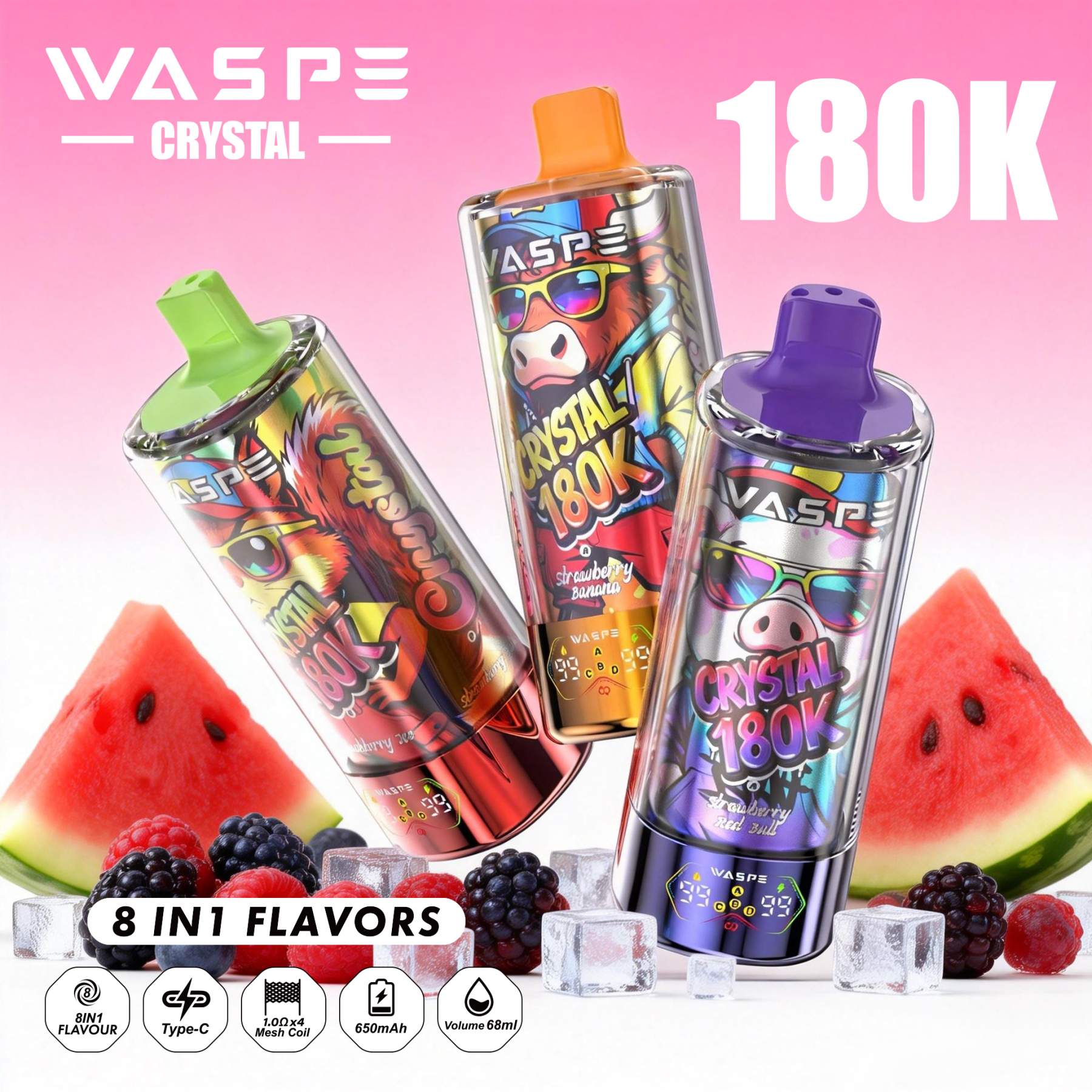 Wholesale I Vape Waspe Crystal 180000 150000 100000 60000 Puffs 8in1 Vaper Triple Flavors LED Display Disposable E-Cigarette 40K 60K 100K 150K 180K Puff