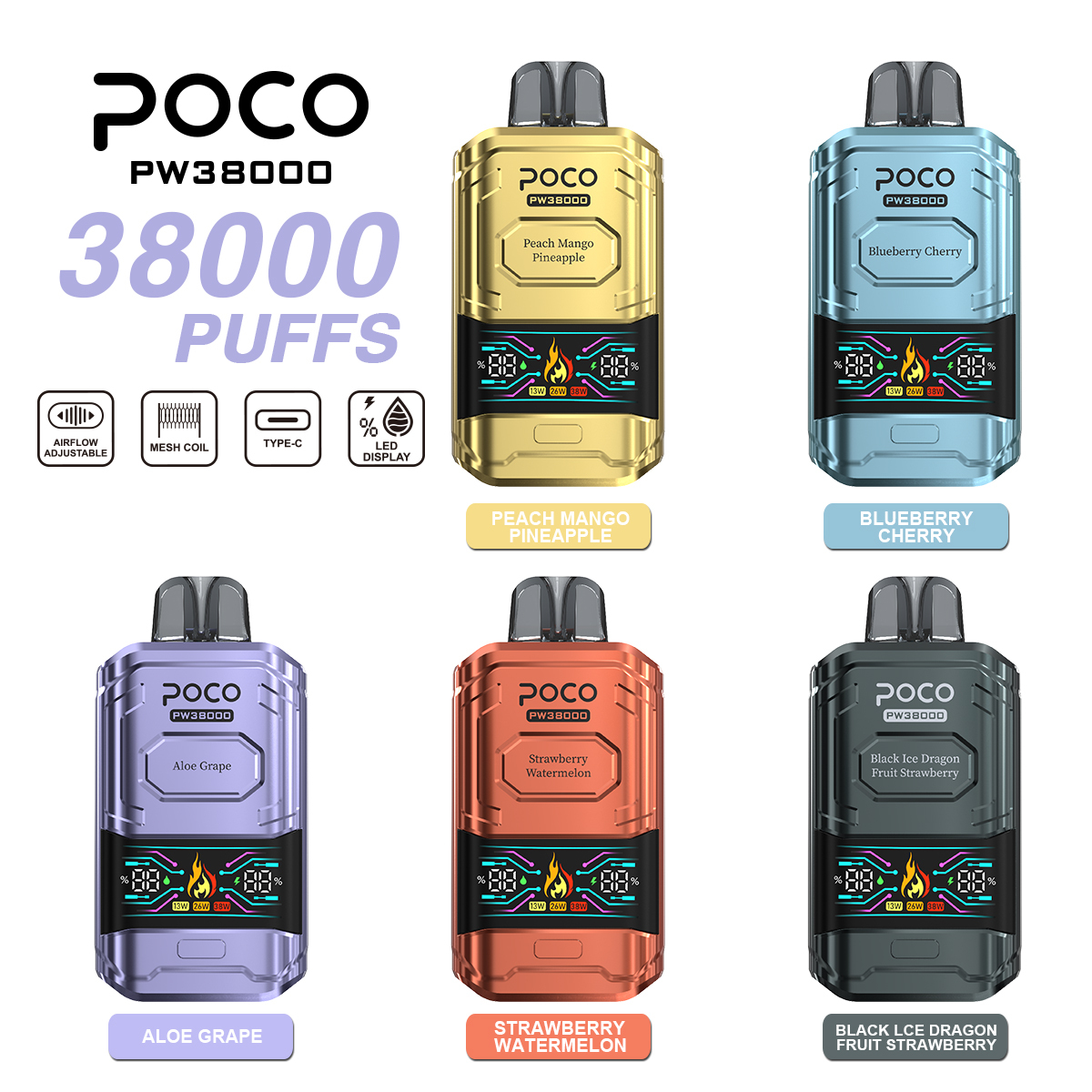 Poco Vape Vaper 38000 38K Puffs Rechargeable Disposable Variable Voltage Big Vapor Electronic Cigarette Visible Poco Sc3000 Vapor Smoke Vape