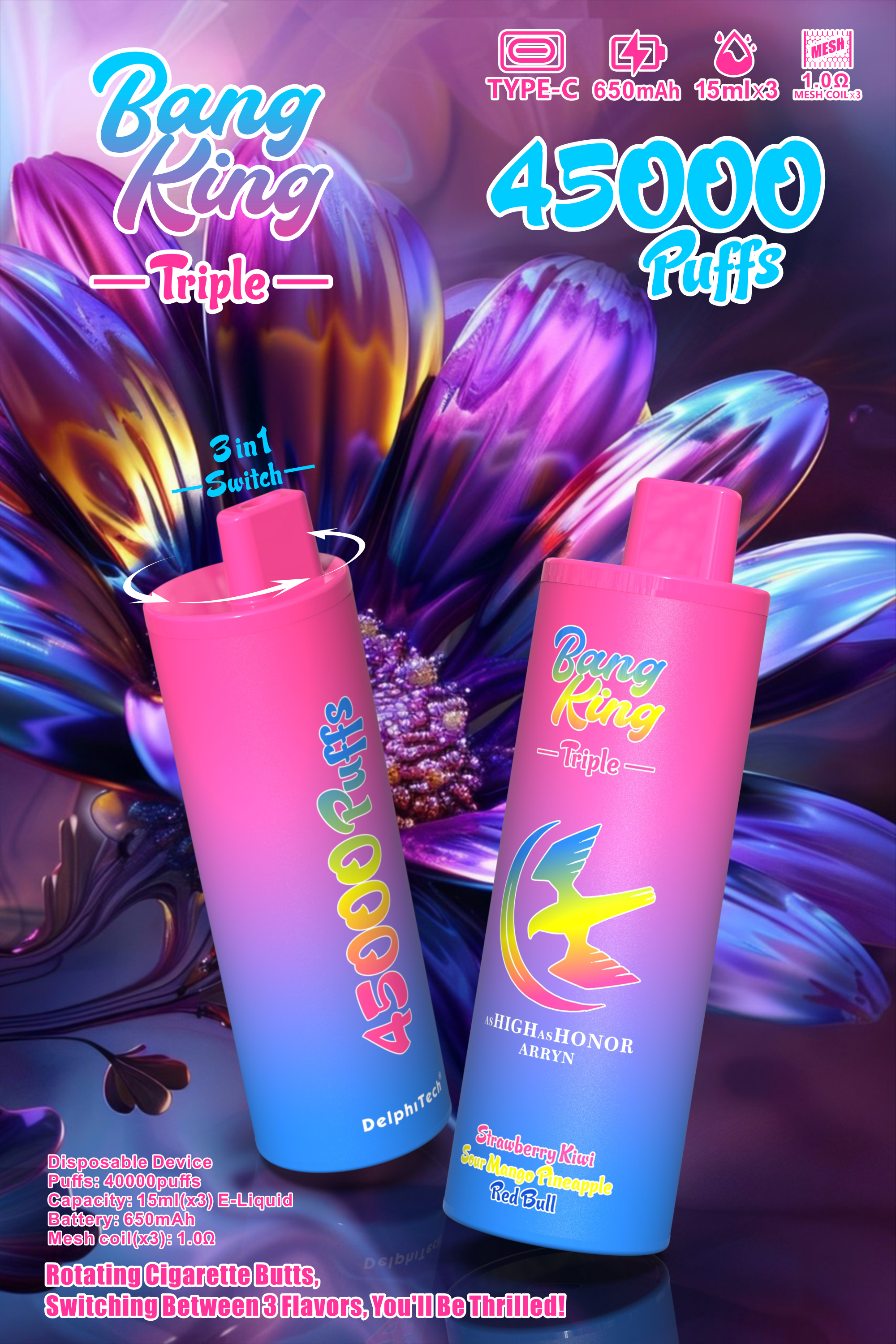 Bang King 45000 Puff Electronic Cigarette Wholesale I Vape 40000 35000 45000 Vaper 3 Flavor in 1 Disposable Vape E Cig