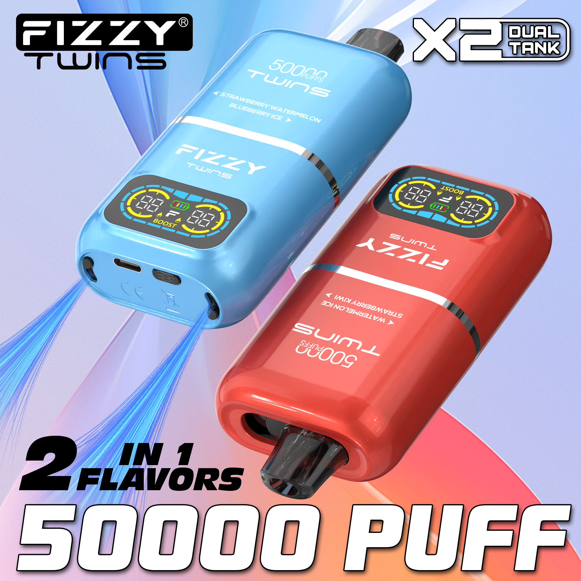 Fizzy Twins 50000 Puffs Bar 50ml E Liquid Big Vapor 50K Double Flavors Disposable Vape Pen Wholesale E-Cigarette