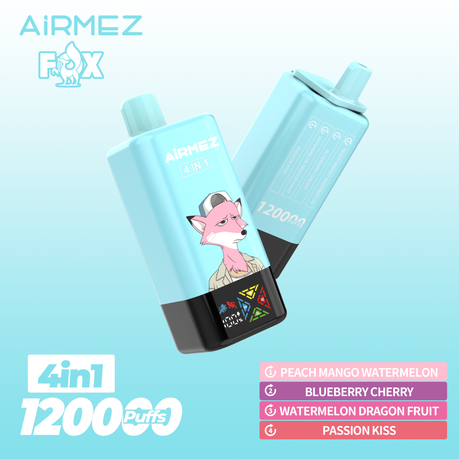 Airmez 120000 Puff 120K Puffs 100000 Puff Triple Flavors 4 In1 Vaper Airmez Fox 120000 Puffs 85K 50K Disposable Vape Big Screen Vape