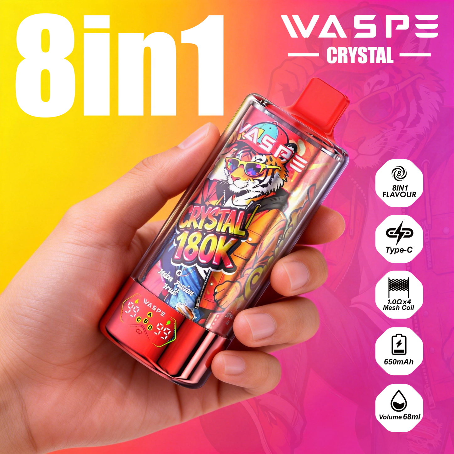 Wholesale I Vape Waspe Crystal 180000 150000 100000 60000 Puffs 8in1 Vaper Triple Flavors LED Display Disposable E-Cigarette 40K 60K 100K 150K 180K Puff