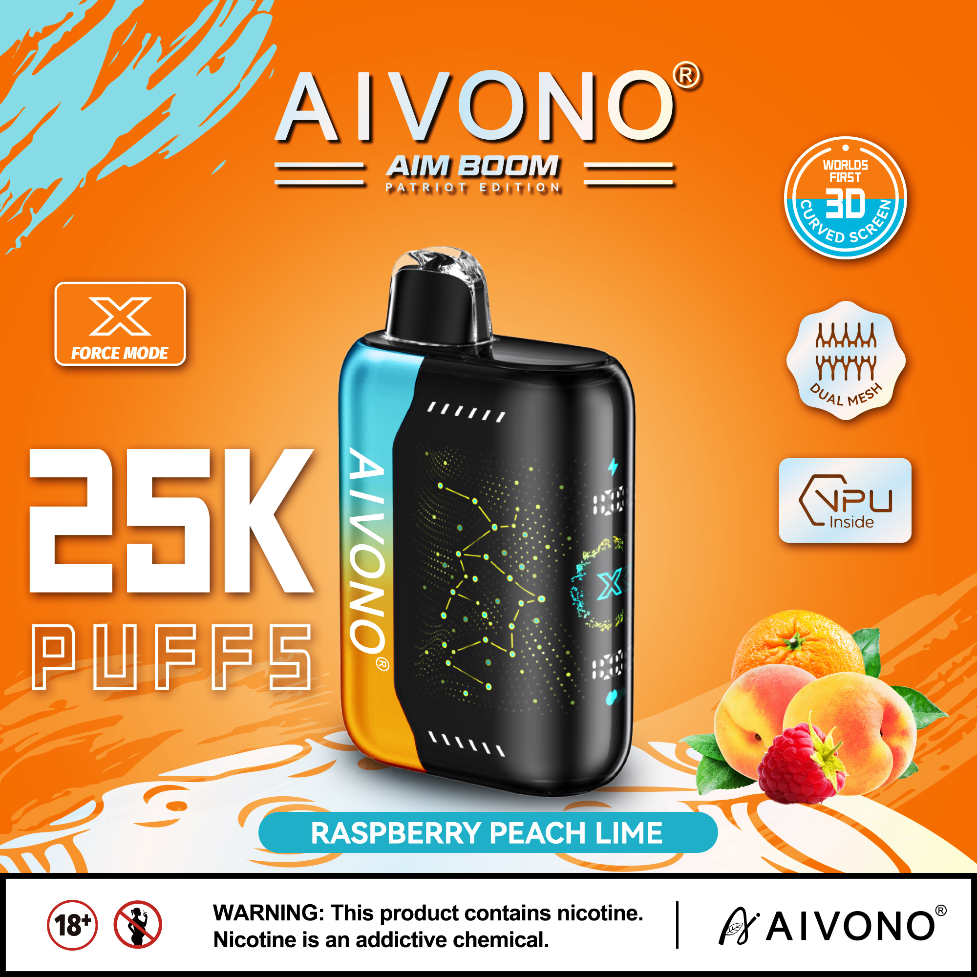 Original Aivono Aim Boom 25000 Puffs Nicotine Salt Content: 5% /3%/2%/0% Disposable Electronic Cigarette Fruit Flavor Latest Starry Screen Factory