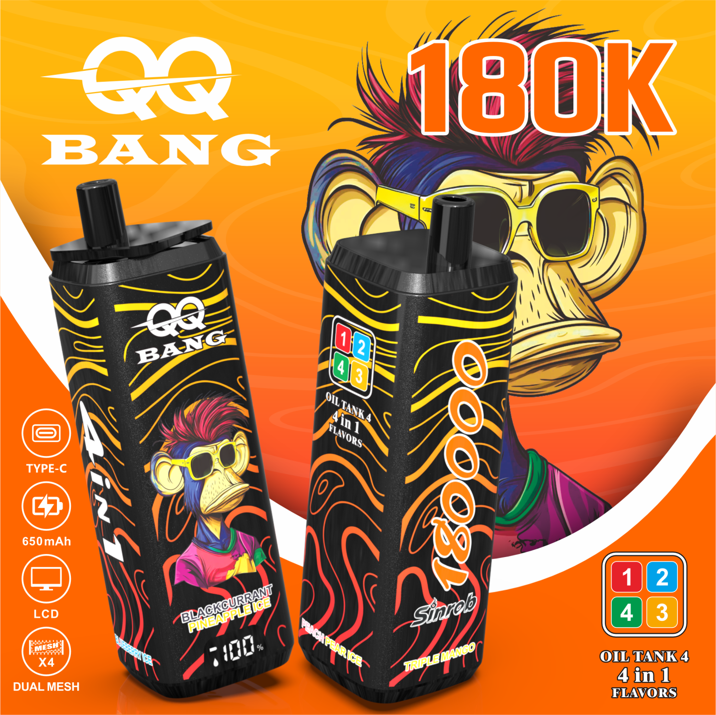 QQ Bang 180000 Puff 12 Flavors 4 in 1 Electronic Cigarette Disposable Vape Pod Disposable Vape Best Vape Disposable Vape 200K 300K Bang Ecigs Spain Germany