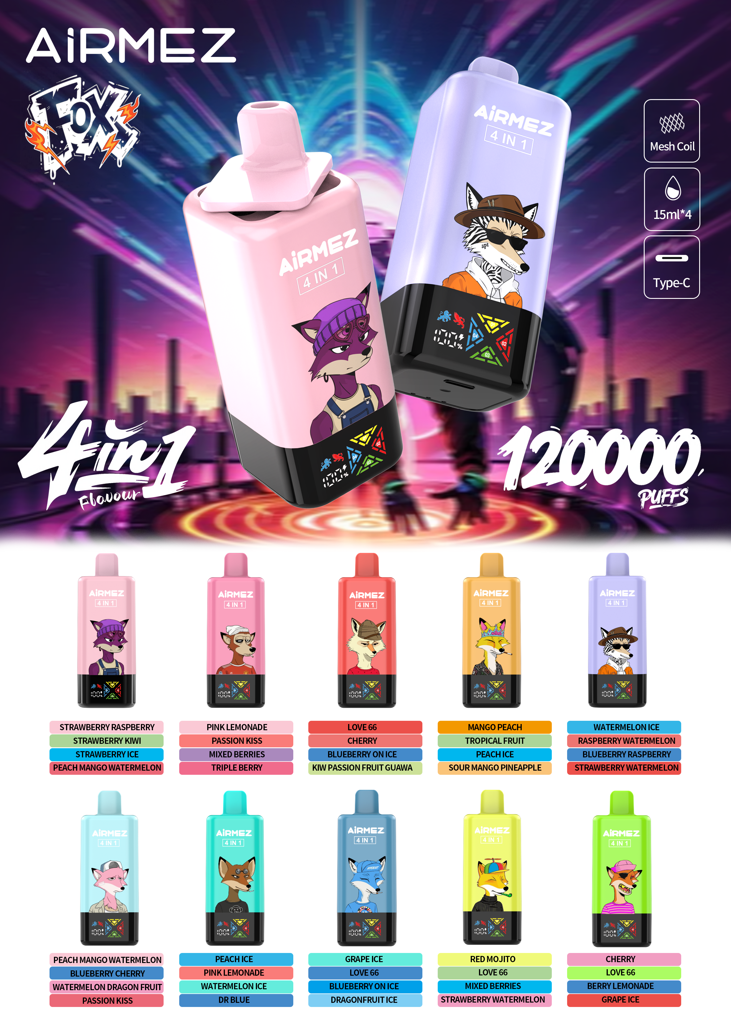 Airmez 120000 Puff 120K Puffs 100000 Puff Triple Flavors 4 In1 Vaper Airmez Fox 120000 Puffs 85K 50K Disposable Vape Big Screen Vape