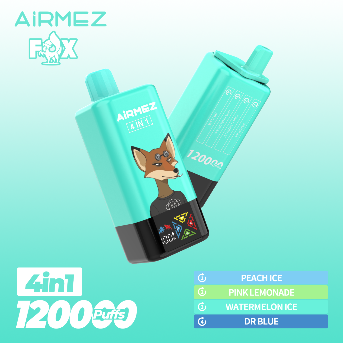 Airmez 120000 Puff 120K Puffs 100000 Puff Triple Flavors 4 In1 Vaper Airmez Fox 120000 Puffs 85K 50K Disposable Vape Big Screen Vape