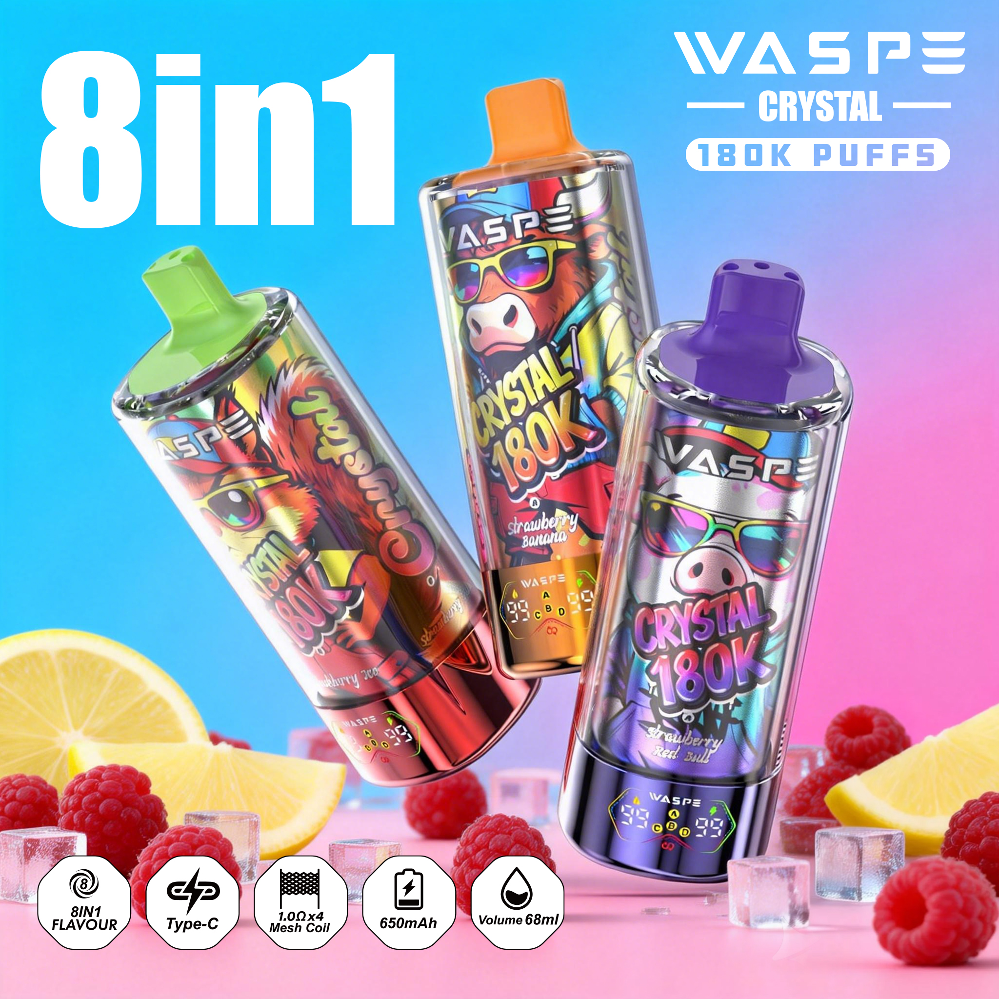 Wholesale I Vape Waspe Crystal 180000 150000 100000 60000 Puffs 8in1 Vaper Triple Flavors LED Display Disposable E-Cigarette 40K 60K 100K 150K 180K Puff