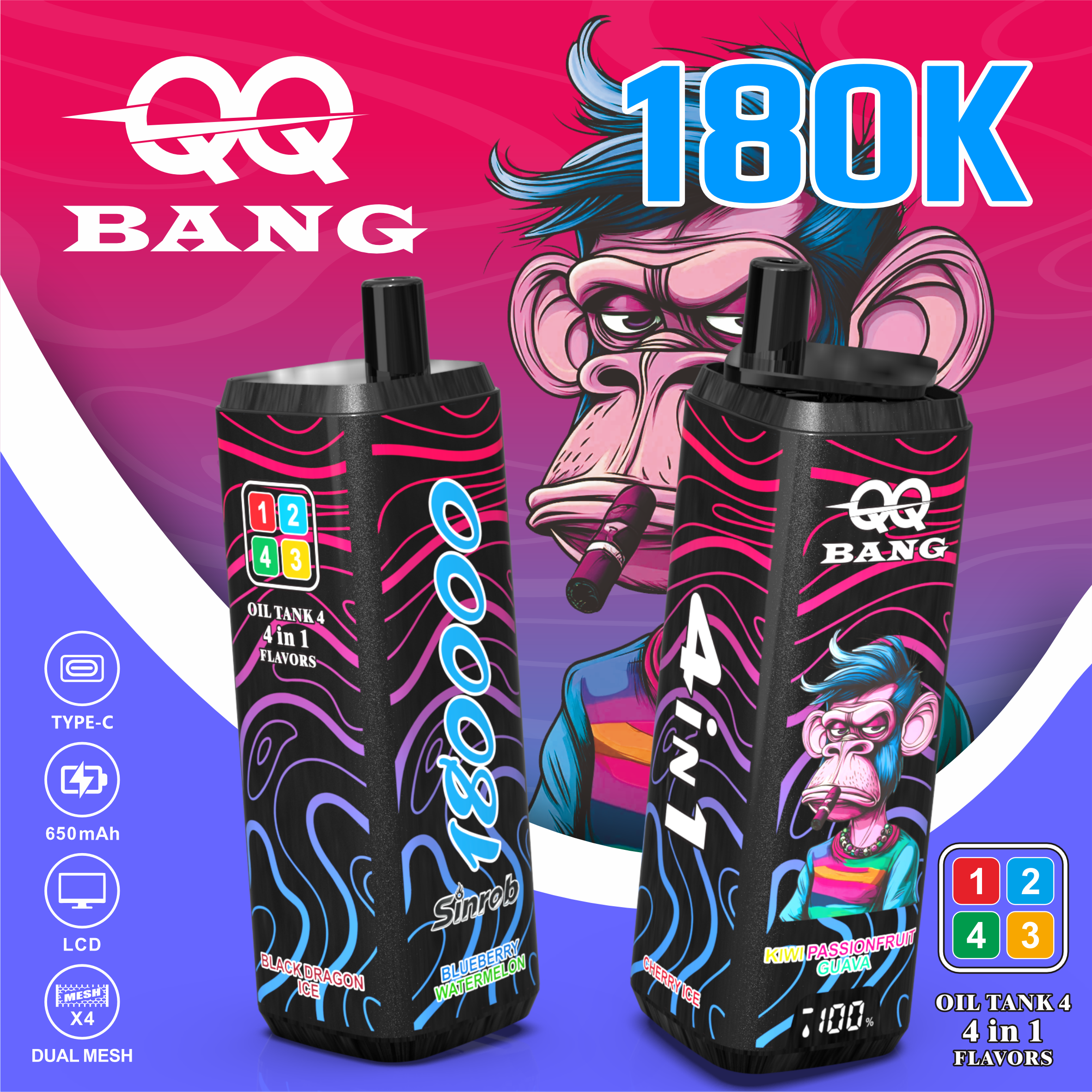 QQ Bang 180000 Puff 12 Flavors 4 in 1 Electronic Cigarette Disposable Vape Pod Disposable Vape Best Vape Disposable Vape 200K 300K Bang Ecigs Spain Germany