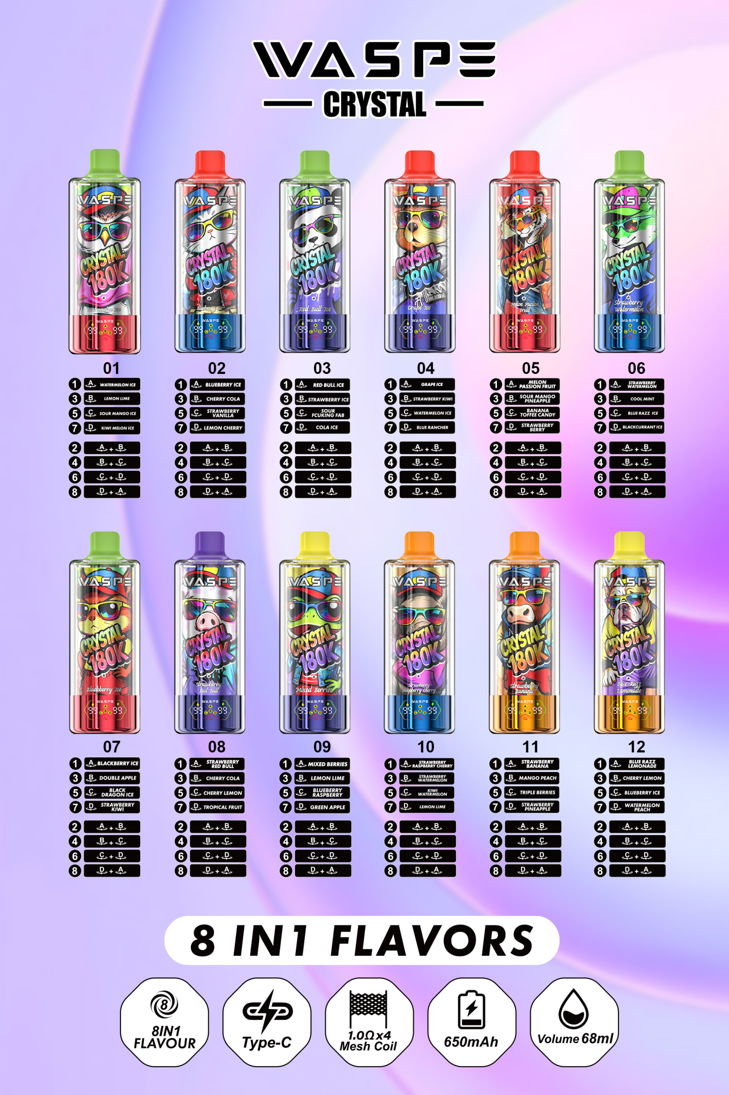 Wholesale I Vape Waspe Crystal 180000 150000 100000 60000 Puffs 8in1 Vaper Triple Flavors LED Display Disposable E-Cigarette 40K 60K 100K 150K 180K Puff