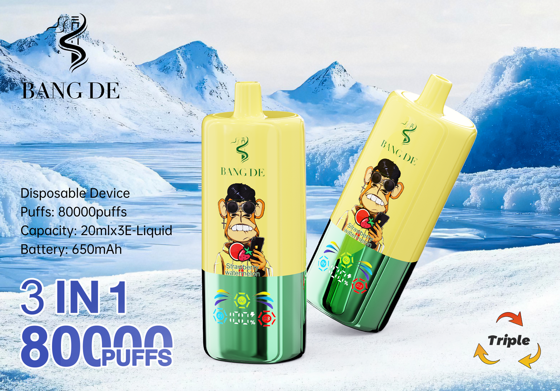 Bang De 80000 Puff Triple 3 in 1 Flavors Rechargeable Disposable Electronic Cigarette Multiple Fruit Flavors Vapor Smoke Vape Crystal Wape Sweet E Puff Tornado