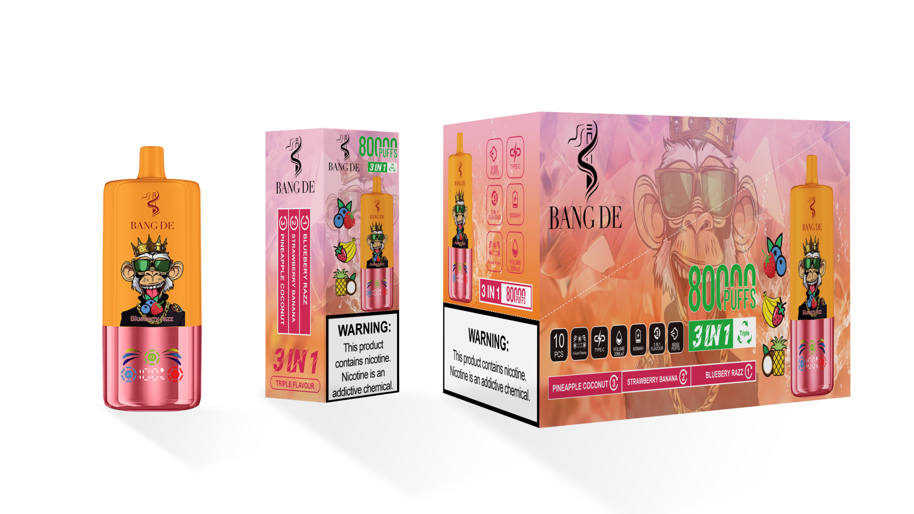 Bang De 80000 Puff Triple 3 in 1 Flavors Rechargeable Disposable Electronic Cigarette Multiple Fruit Flavors Vapor Smoke Vape Crystal Wape Sweet E Puff Tornado
