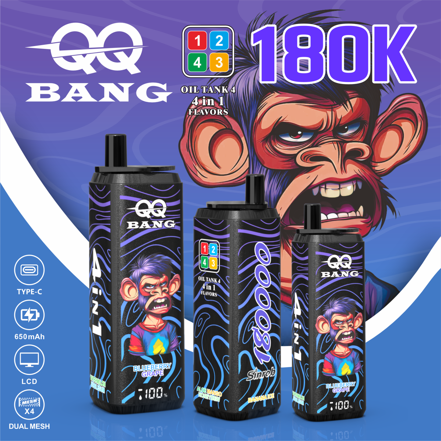 QQ Bang 180000 Puff 12 Flavors 4 in 1 Electronic Cigarette Disposable Vape Pod Disposable Vape Best Vape Disposable Vape 200K 300K Bang Ecigs Spain Germany