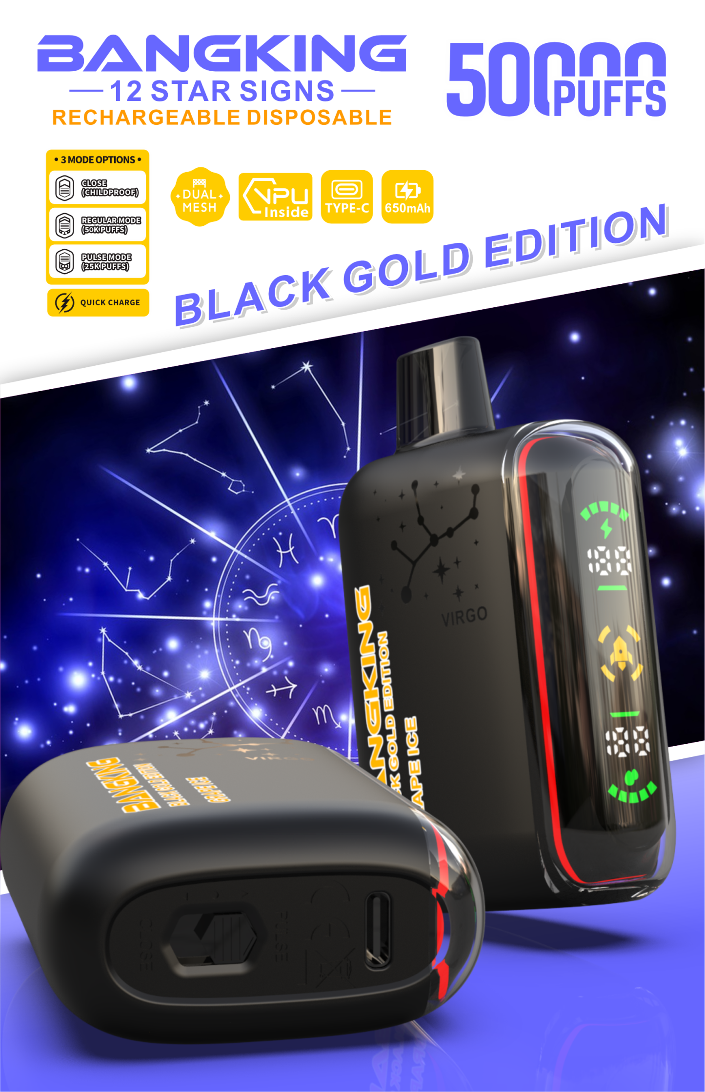  Bang King 50000 Puffs Black Gold Edition Bang Vape 50K 100K 300K Puffs Disposable E-Cigarette Desechables