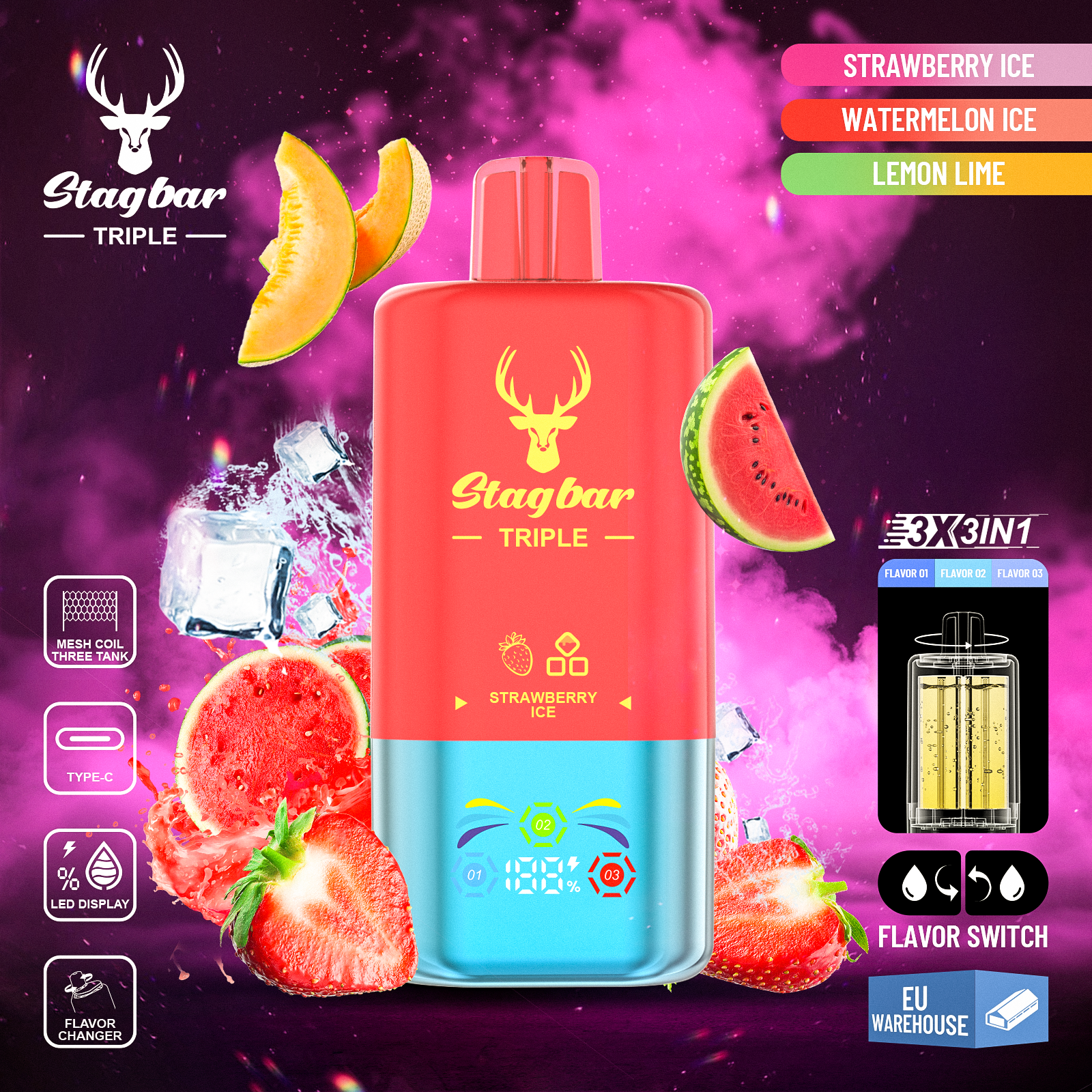 Stag Bar Triple 3 Flavors in 1 Vape 60K 60000 Puffs 20K Stagbar Wholesale I Vape Disposable Electronic Cigarette 80K 100K Shisha Vape Spain Germany Warehouse