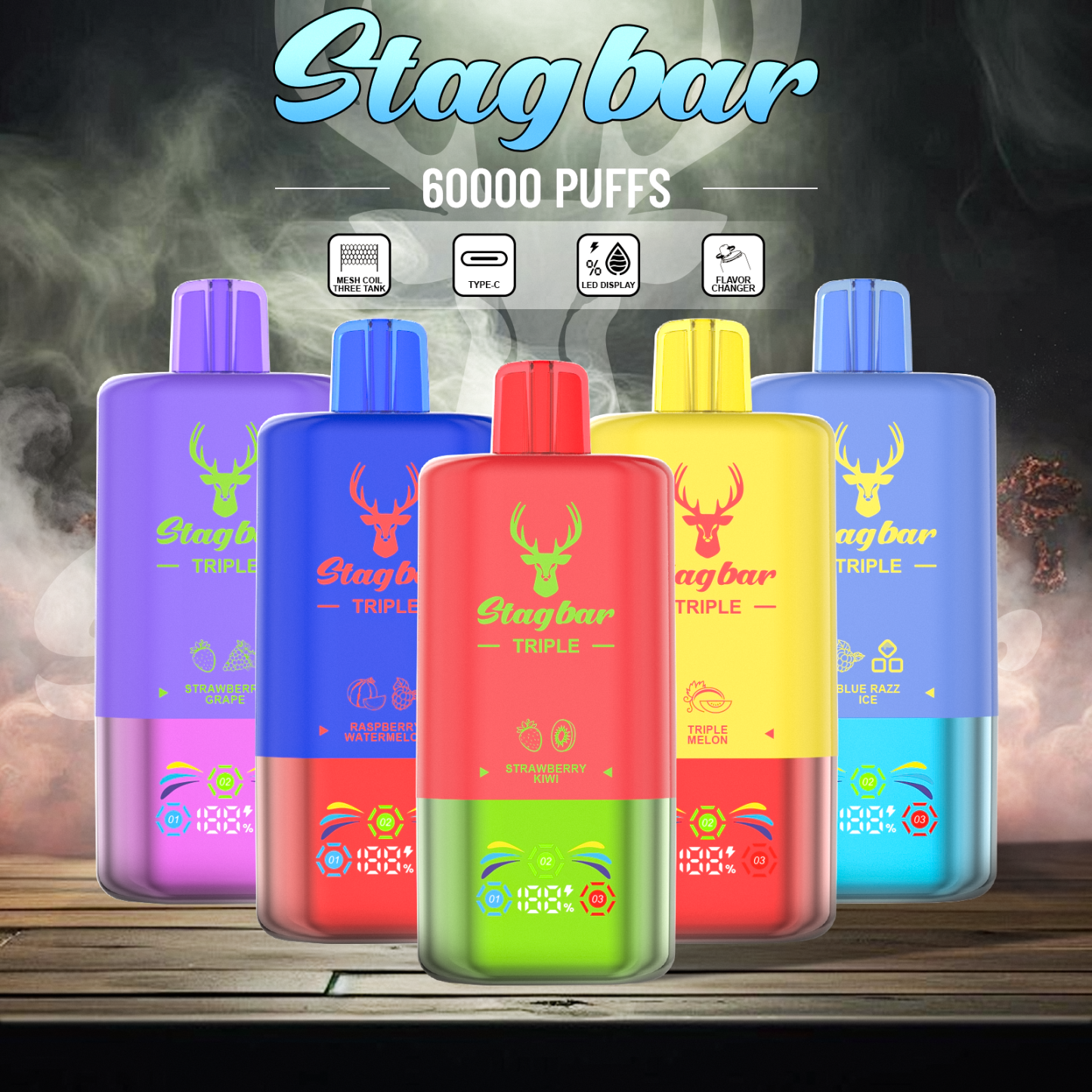 Stag Bar Triple 3 Flavors in 1 Vape 60K 60000 Puffs 20K Stagbar Wholesale I Vape Disposable Electronic Cigarette 80K 100K Shisha Vape Spain Germany Warehouse